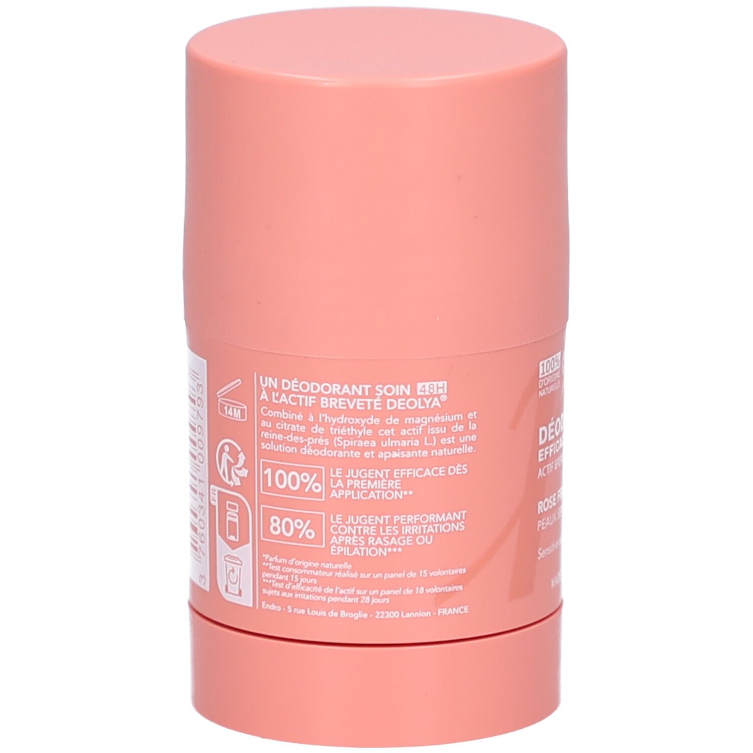 Rückseite des rosa Deosticks. Text: Déodorant soin, actif breveté Deolya. 100% natürliche Inhaltsstoffe. 80% weniger Irritationen.