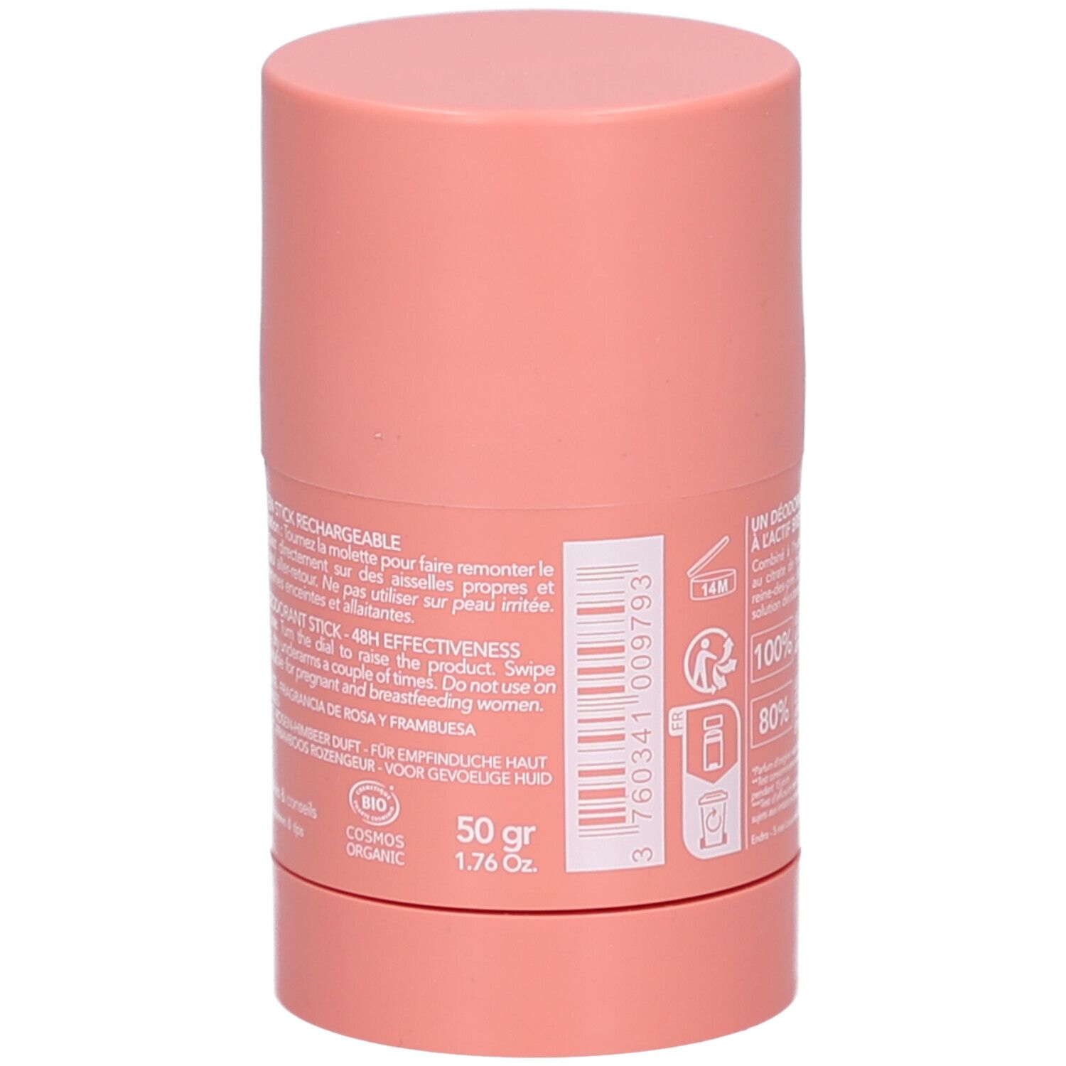 Rückseite des rosa Deosticks. Text: 50 gr, 1.76 Oz. Cosmos Organic Zertifizierung. Hinweise zur Anwendung.