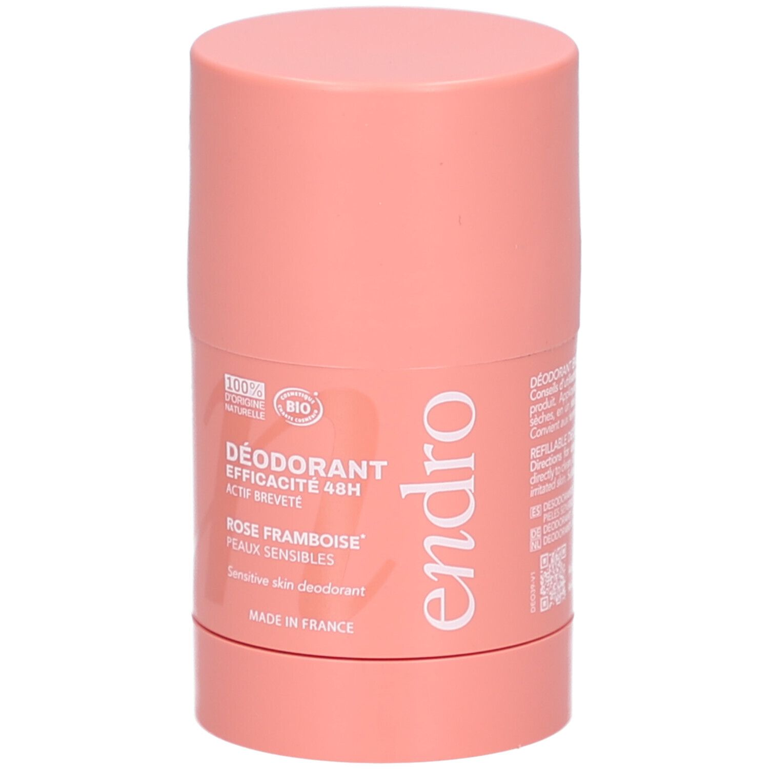 Rosa Deostick. Text: Déodorant en stick rechargeable. Hinweise zur Anwendung. QR-Code. Cosmos Organic Zertifizierung.