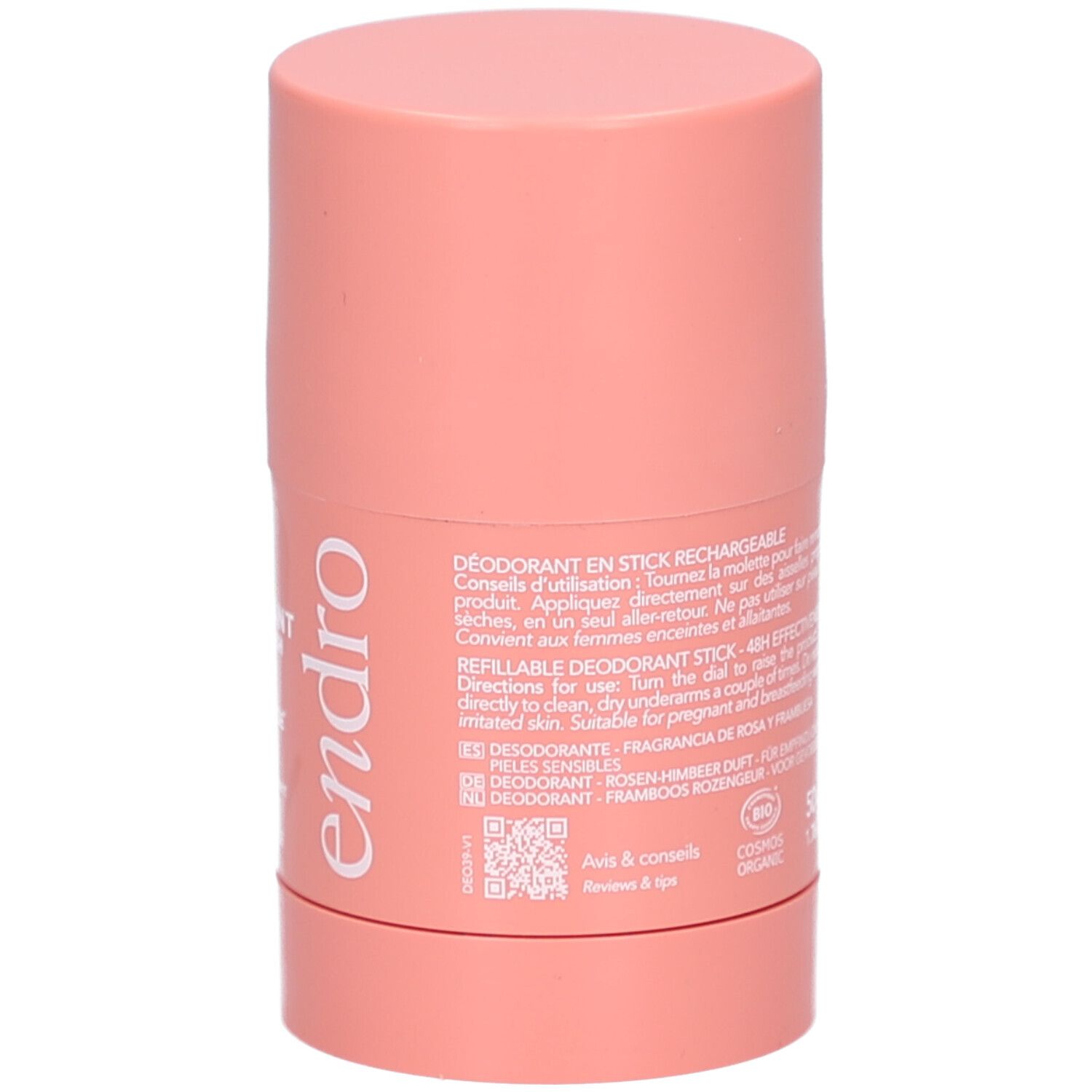 Rückseite des rosa Deostifts von Endro. Text: Anwendung, Inhaltsstoffe, Zertifizierungen. Rosa Deckel und Boden.