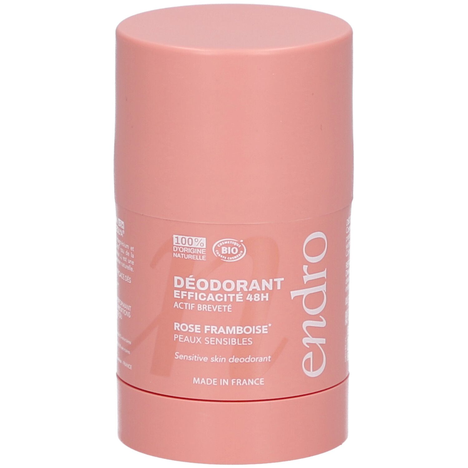 Rosa Deostick von endro. Aufschrift: Déodorant, Rose Framboise, Peaux sensibles. Bio-Zertifizierung. Hergestellt in Frankreich.