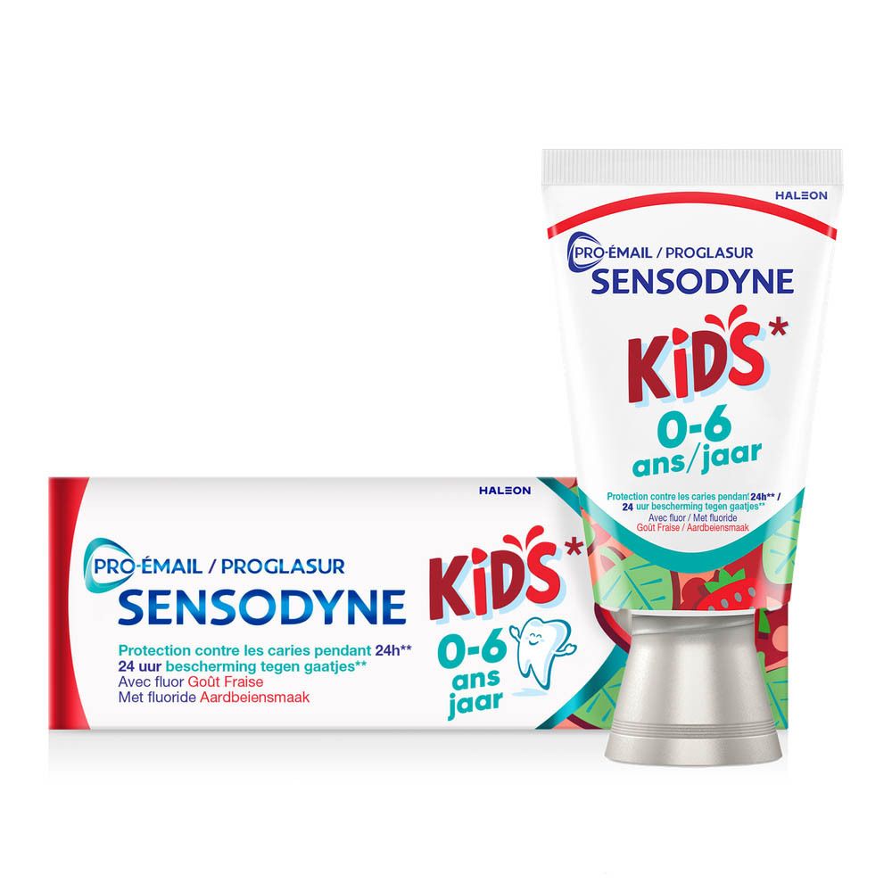 Tube et emballage de dentifrice Sensodyne Kids 0-6 ans. Avec gobelet.
