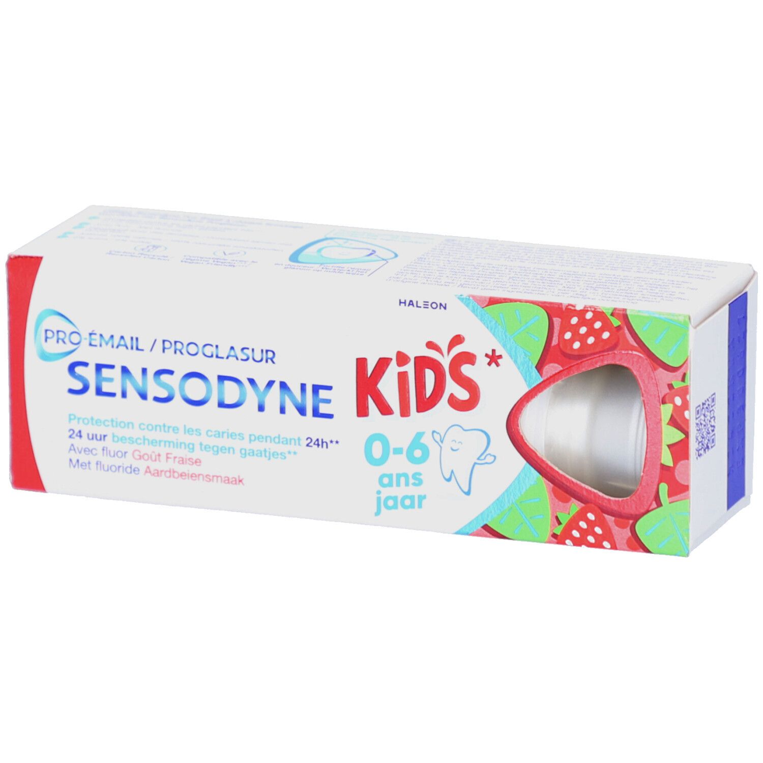 Zahnpasta-Verpackung. Sensodyne Kids 0-6 Jahre. Erdbeer-Design. Sichtfenster für die Tube.