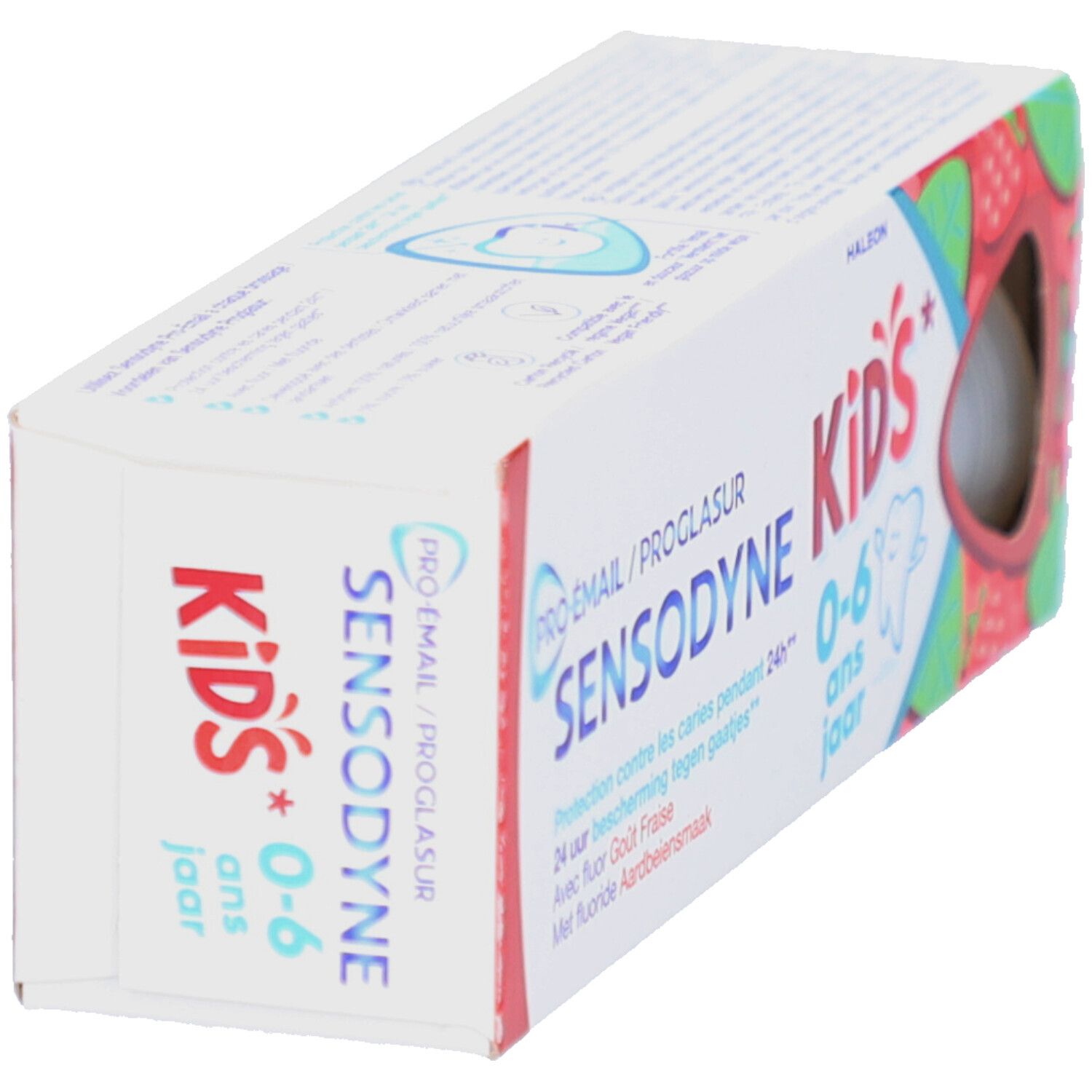 Zahnpasta-Verpackung. Sensodyne Kids 0-6 Jahre. Erdbeer-Design. Seitenansicht.