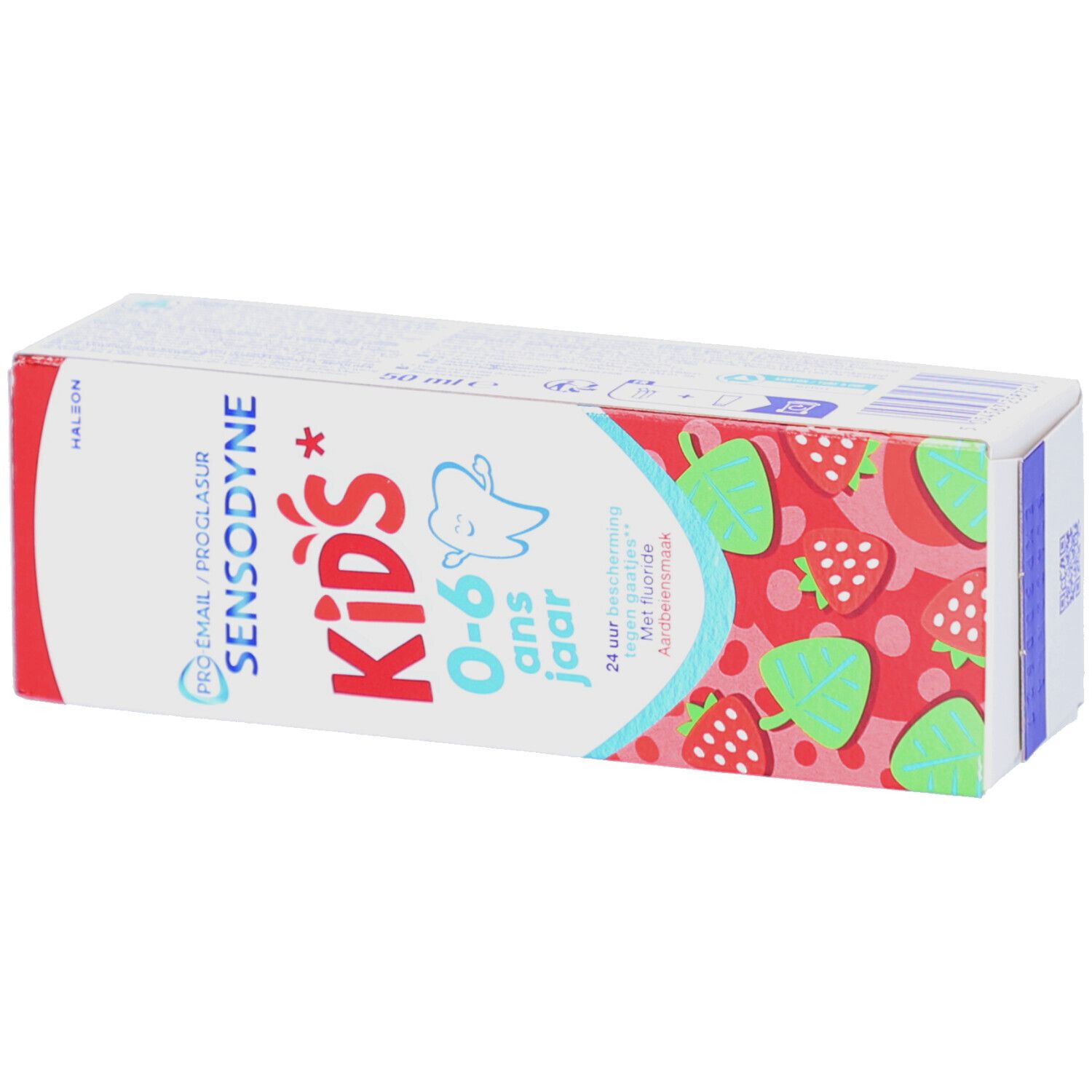 Zahnpasta-Verpackung. Sensodyne Kids 0-6 Jahre. Erdbeer-Design. Nahaufnahme.