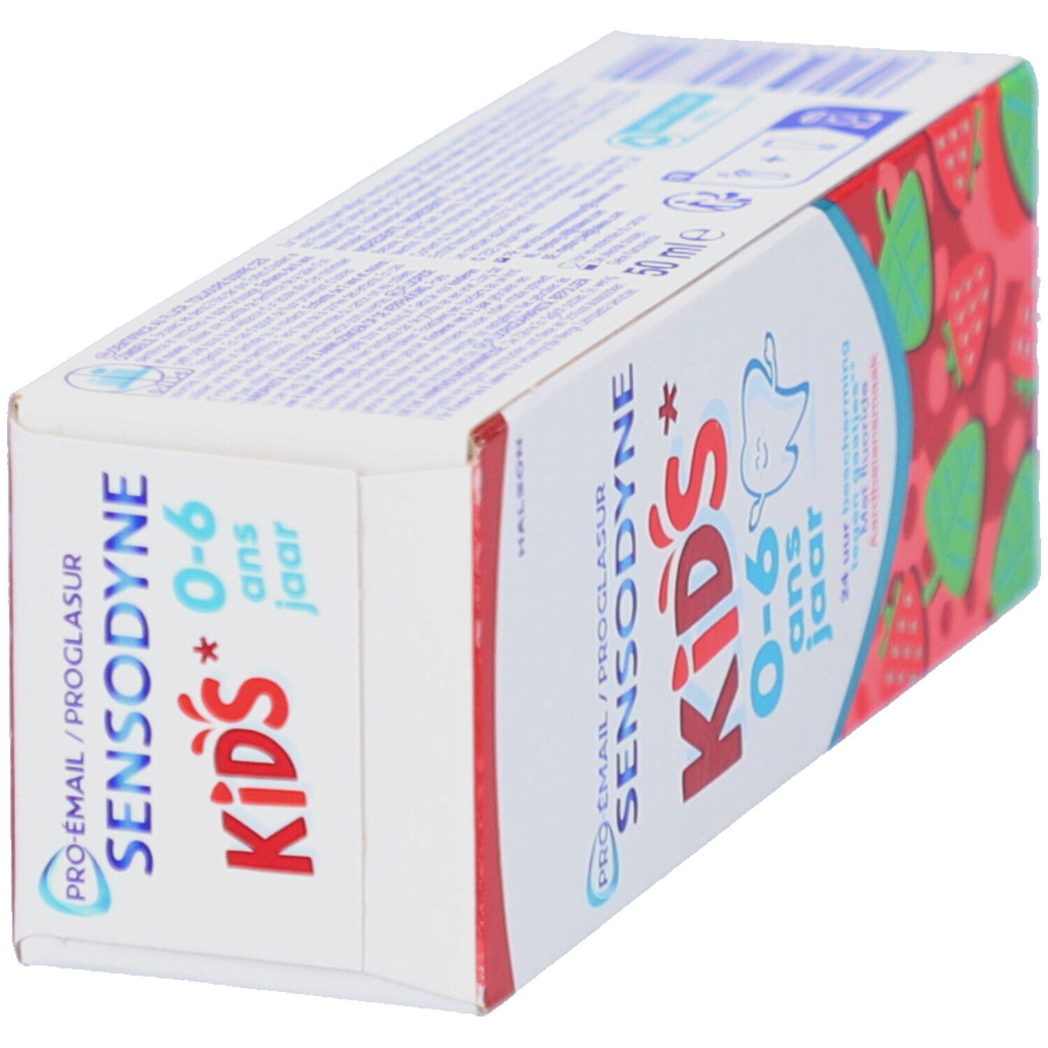 Zahnpasta-Verpackung. Sensodyne Kids 0-6 Jahre. Erdbeer-Design. Schräge Ansicht.