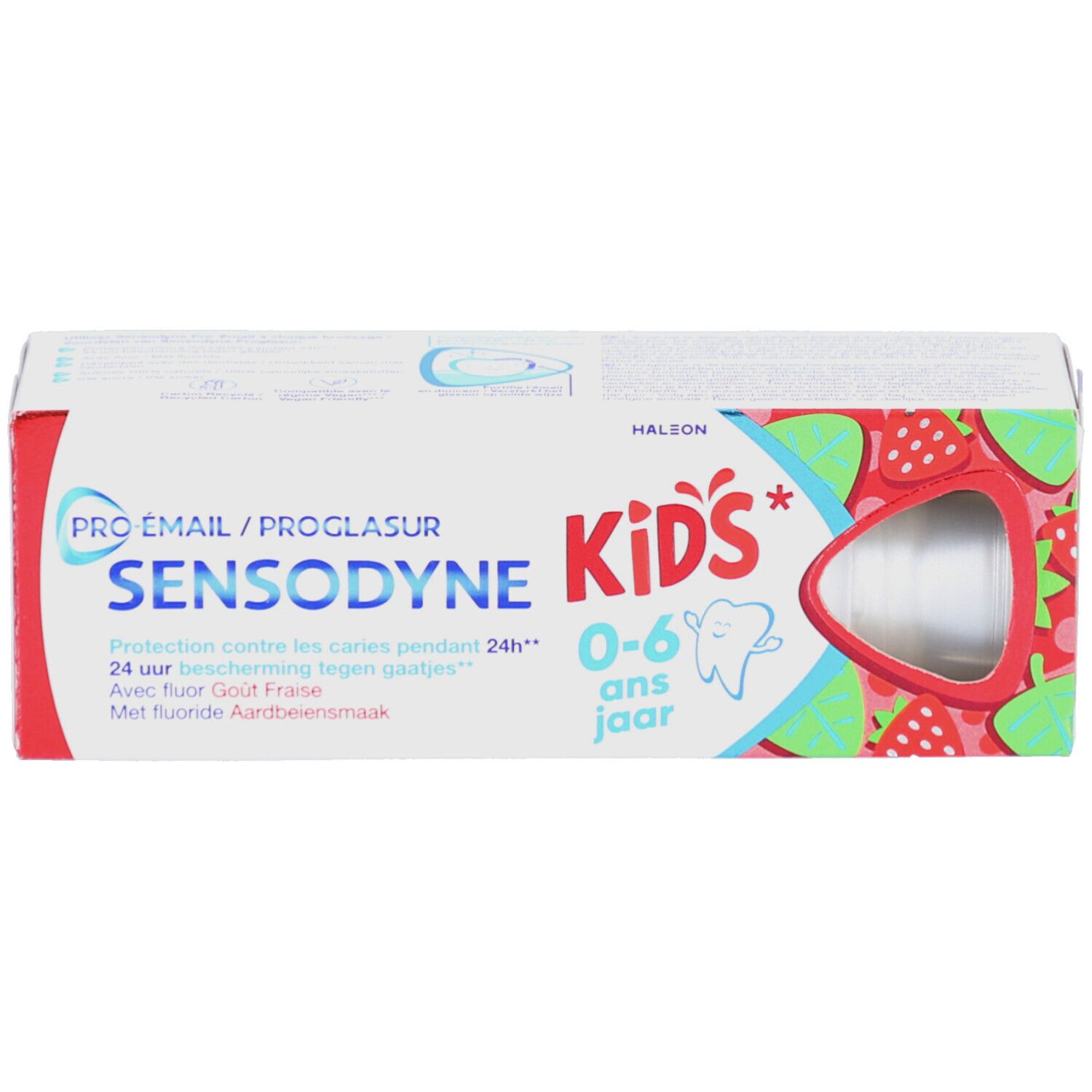 Zahnpasta-Verpackung. Sensodyne Kids 0-6 Jahre. Erdbeer-Design. Sichtfenster für die Tube.