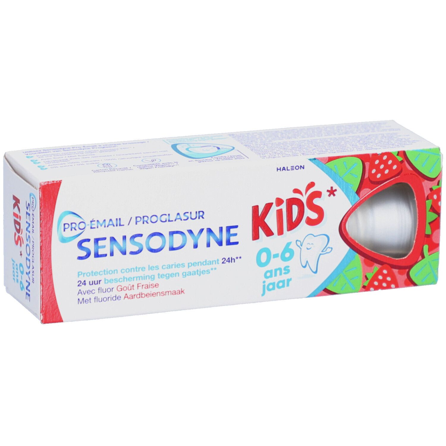 Zahnpasta-Verpackung. Sensodyne Kids 0-6 Jahre. Erdbeer-Design. Sichtfenster für die Tube.