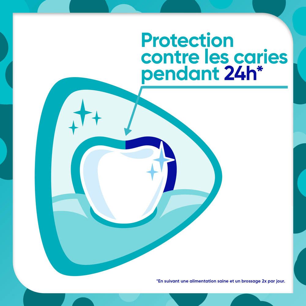 Graphique : Protection contre les caries 24h. Dent avec étoiles.
