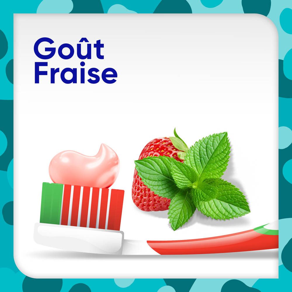 Brosse à dents avec dentifrice rose, fraise et menthe. Texte : Goût Fraise.
