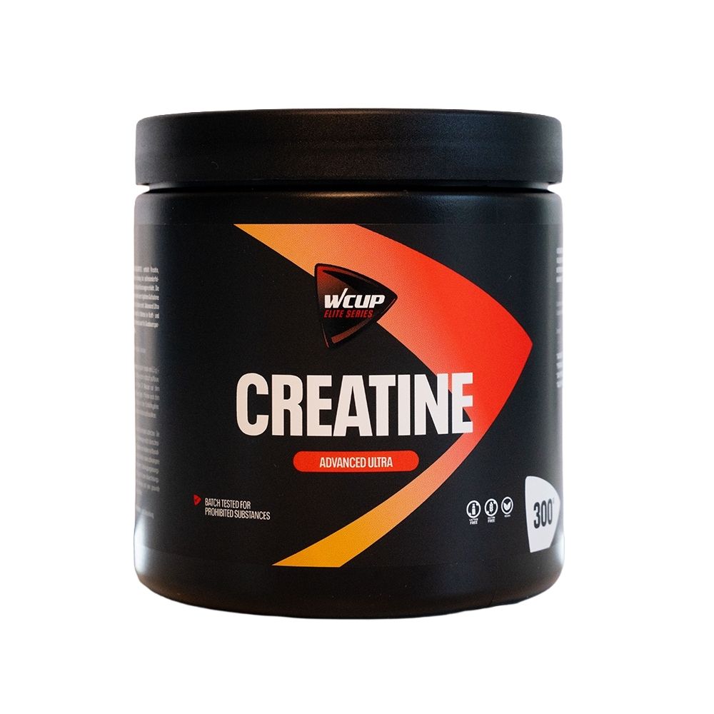 Récipient noir avec inscription "Advanced Ultra Pure Creatine", pour tous les sports.