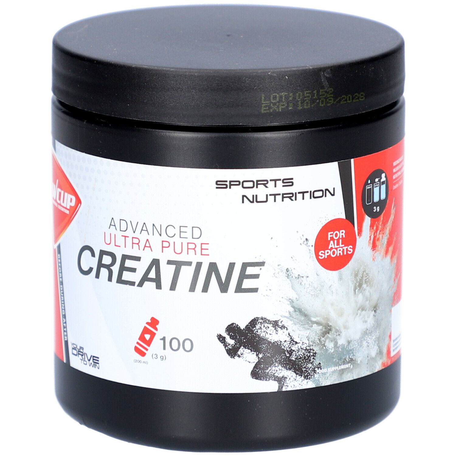 Pot noir avec couvercle. Inscription: Advanced Ultra Pure Creatine. Accent rouge. Sports Nutrition. 100g.