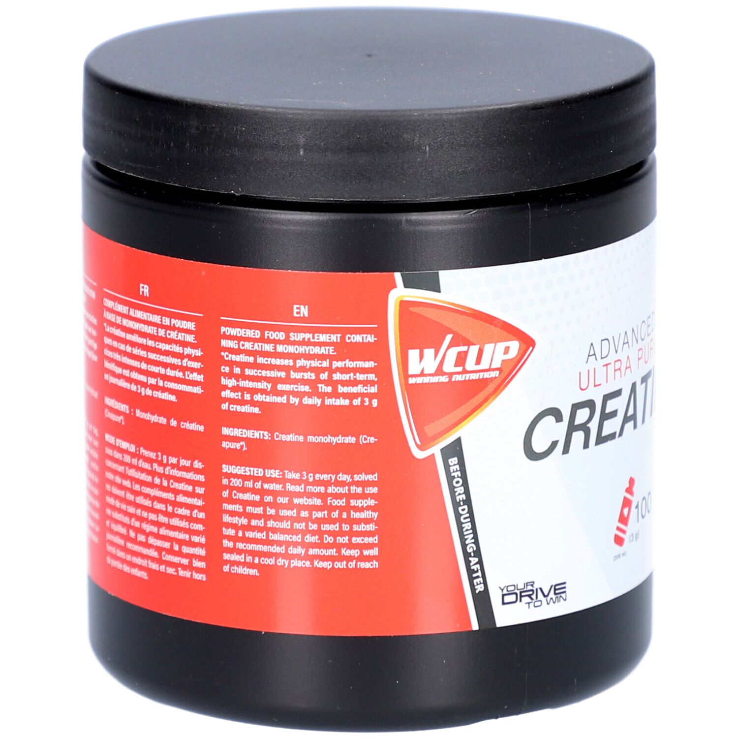 Pot noir avec accent rouge. Inscription: Wcup, Advanced Ultra Pure Creatine. Texte en anglais et français.