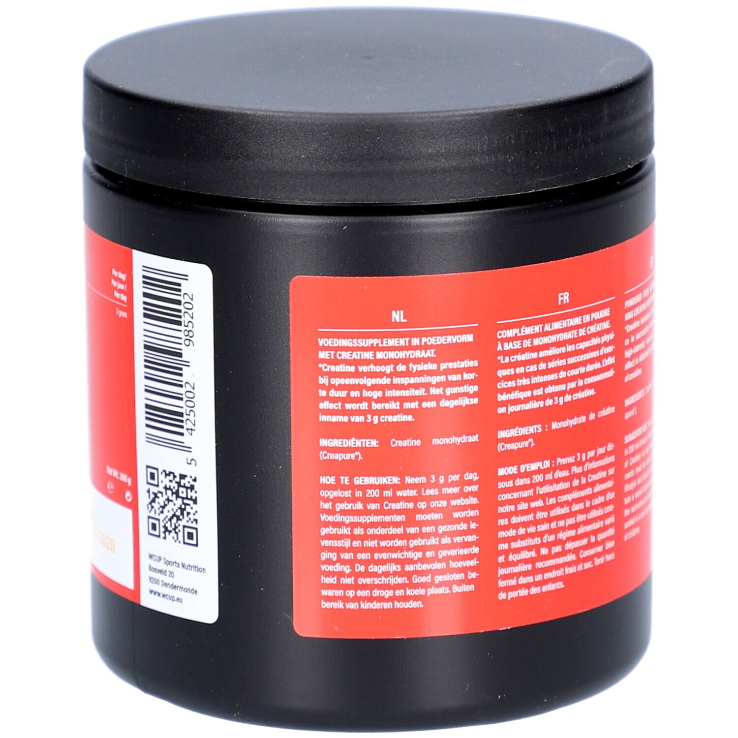 Pot noir avec accent rouge. Code-barres et QR code. Texte en néerlandais et français. Wcup Sports Nutrition.