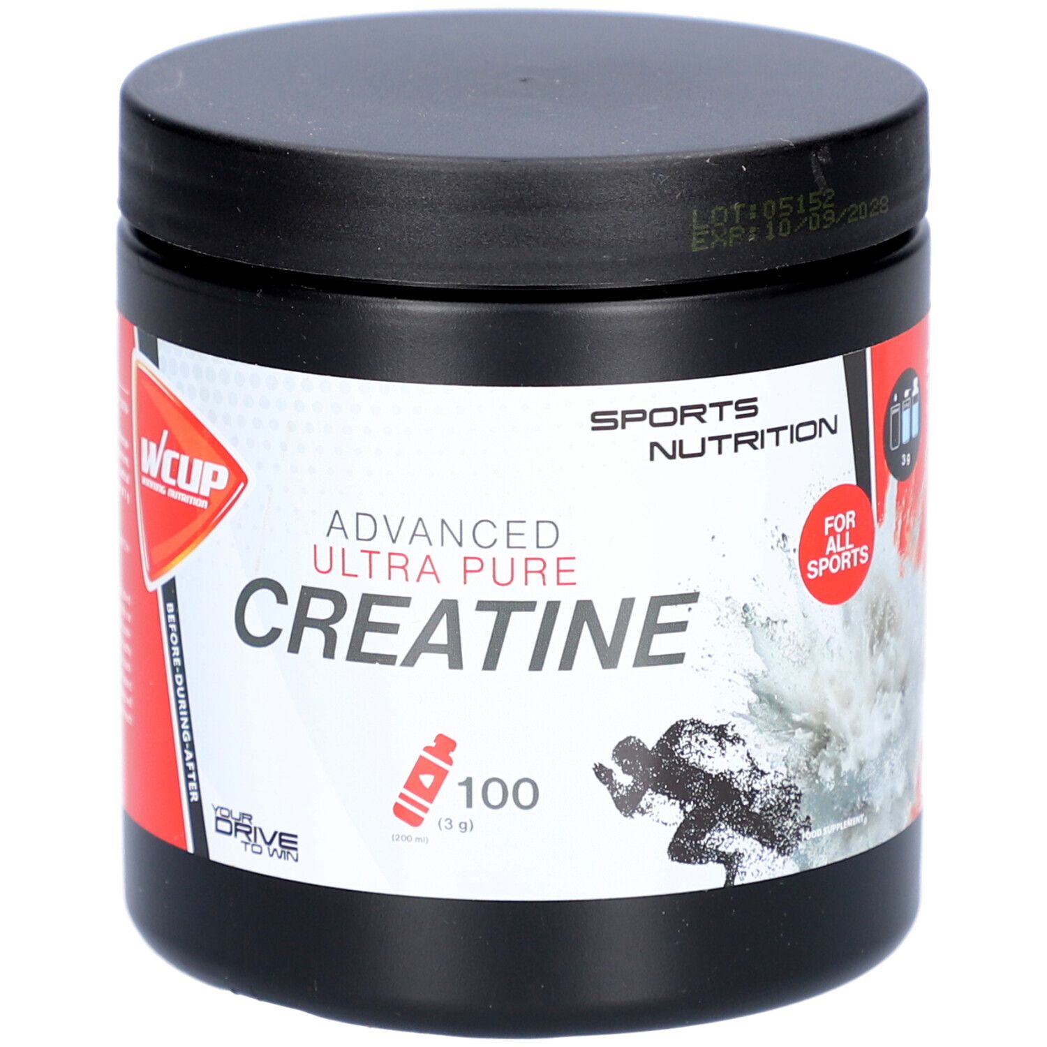 Pot noir avec couvercle. Inscription: Advanced Ultra Pure Creatine. Accent rouge. Sports Nutrition. 100g.