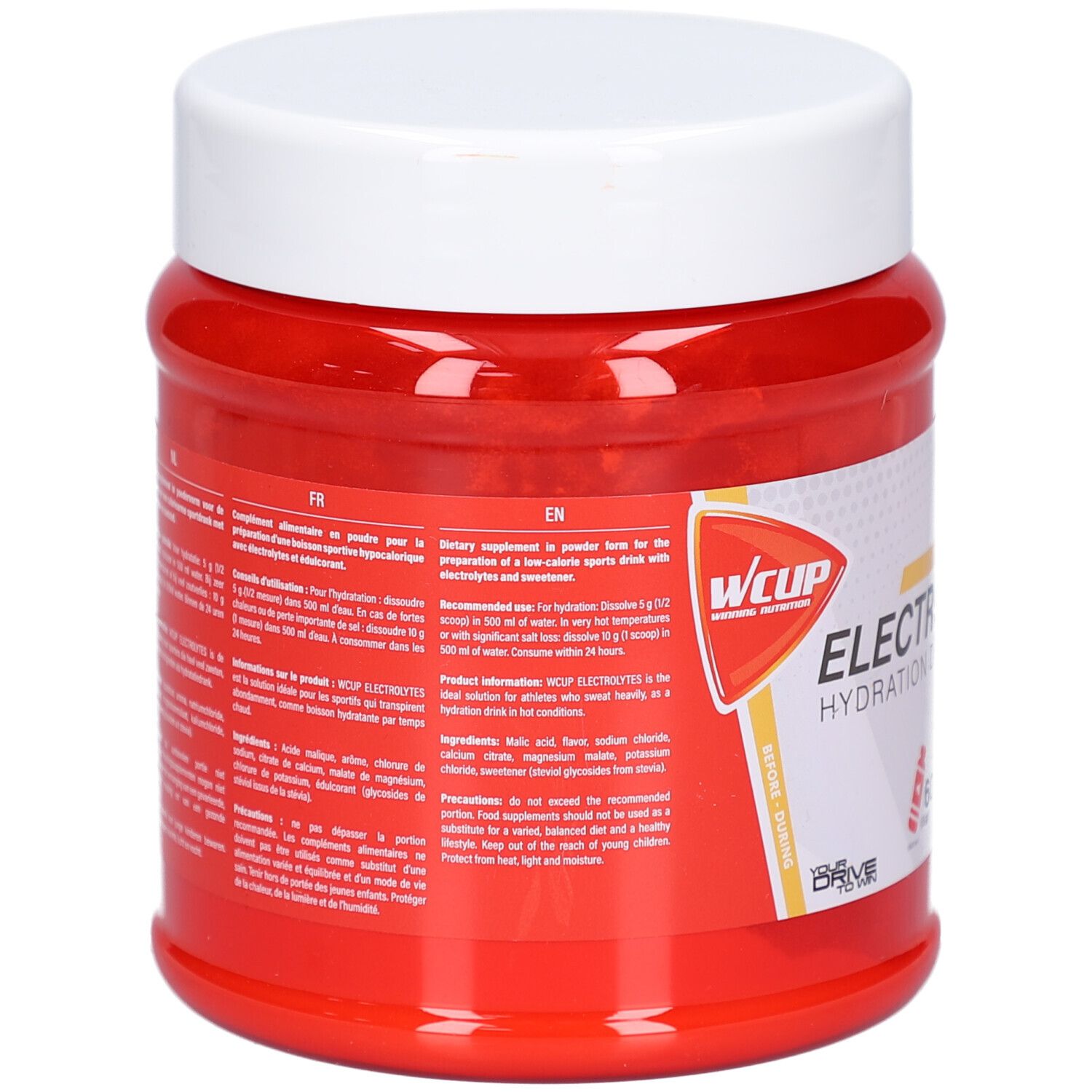 Rote Dose mit weißem Deckel. Rückseite mit Text in mehreren Sprachen. Produktinformationen und Inhaltsstoffe.