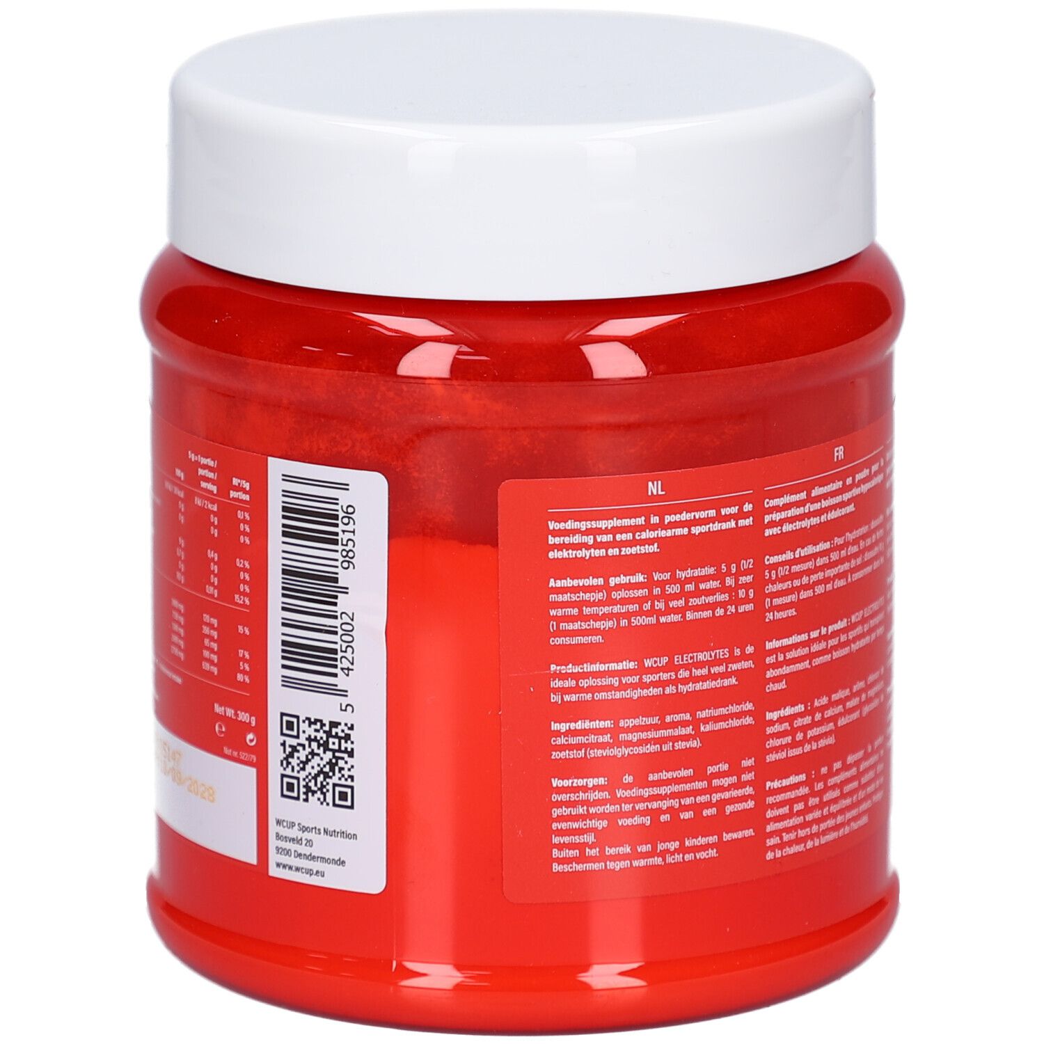 Rote Dose mit weißem Deckel. Rückseite mit Text und QR-Code. Produktinformationen und Nährwertangaben.