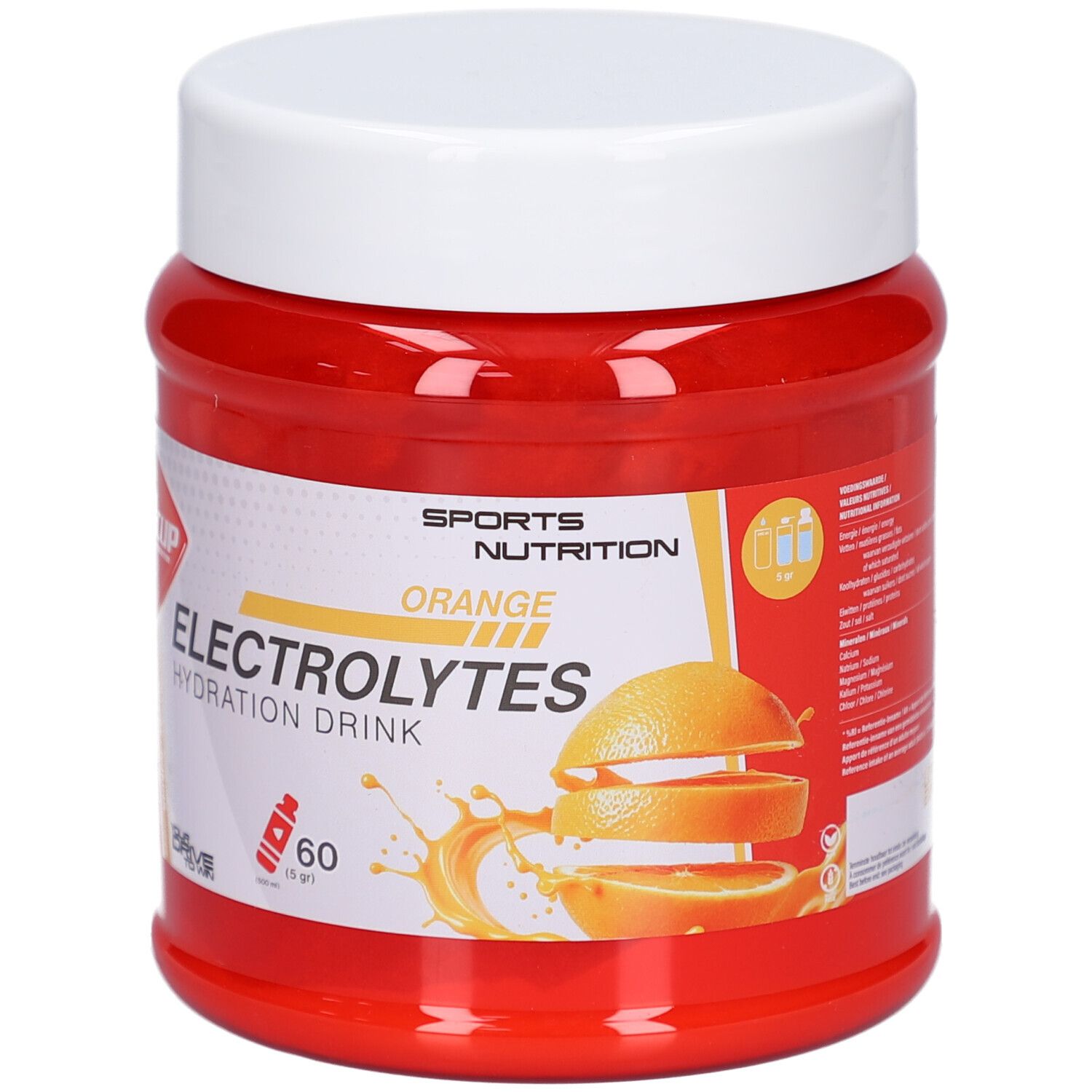 Rote Dose mit weißem Deckel. Aufschrift: Wcup, Electrolytes Hydration Drink Orange. Abbildung einer Orange.