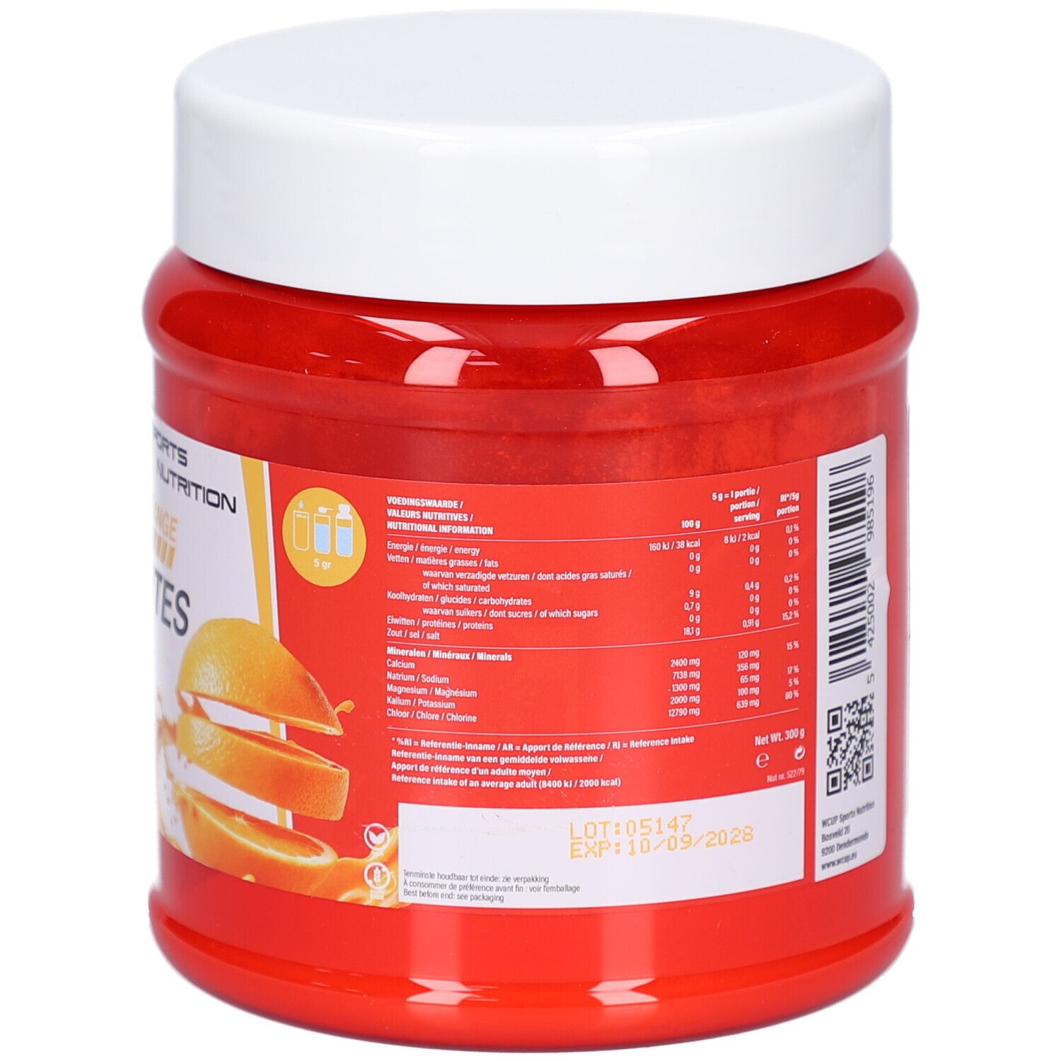 Rote Dose mit weißem Deckel. Rückseite mit Text und Nährwertangaben. MHD-Datum.