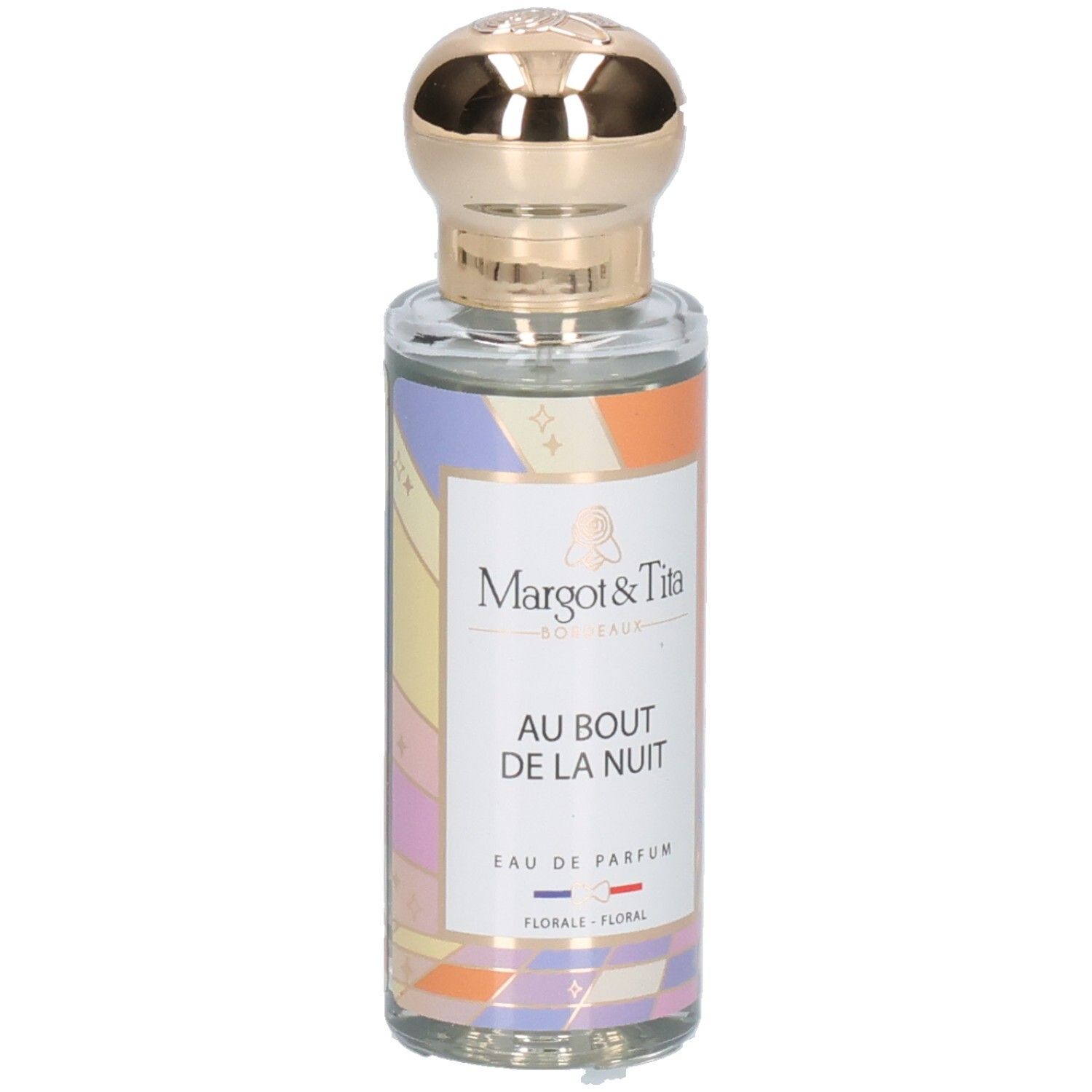 Margot & Tita Eau de Parfum Flasche mit goldenem Verschluss und buntem Etikett.