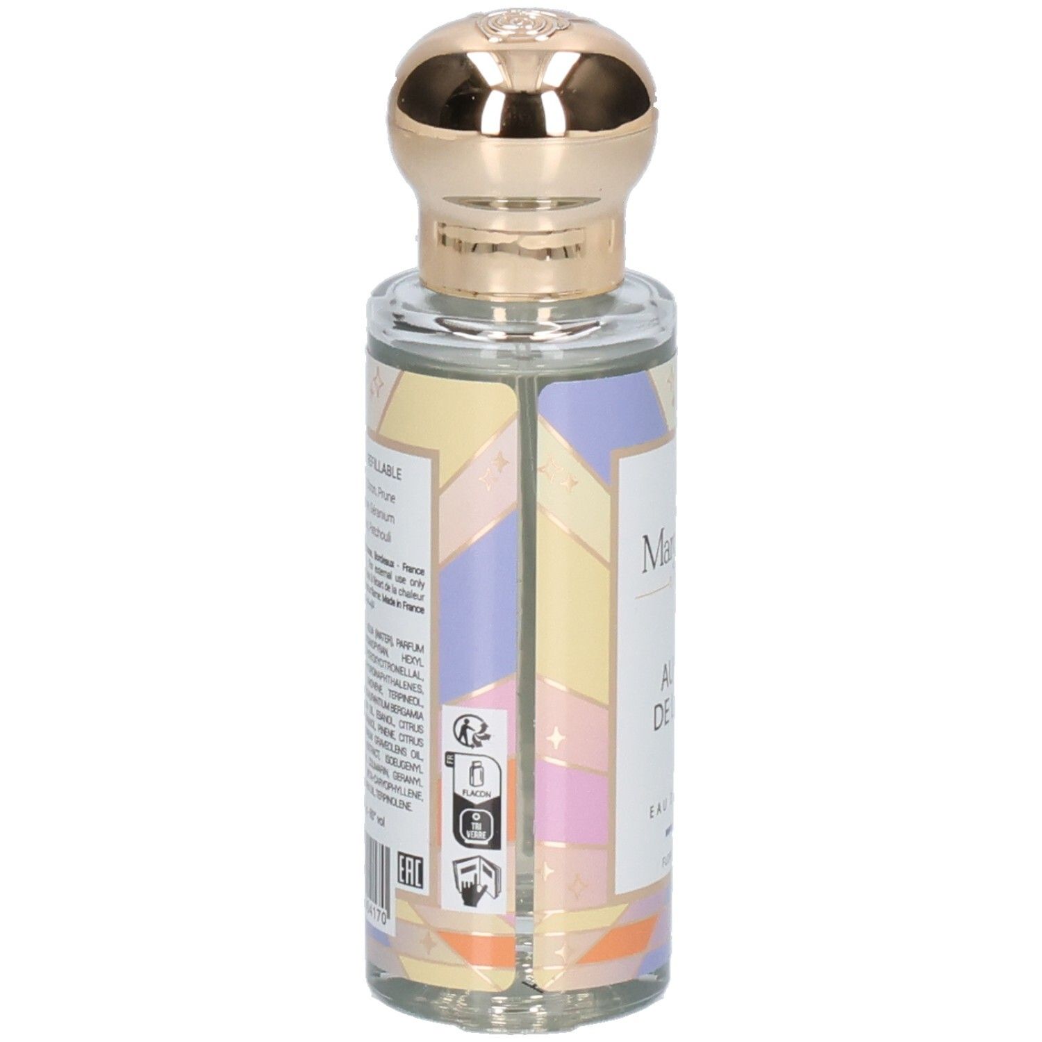 Rückseite einer Margot & Tita Eau de Parfum Flasche mit Inhaltsstoffen und Zertifizierungen.