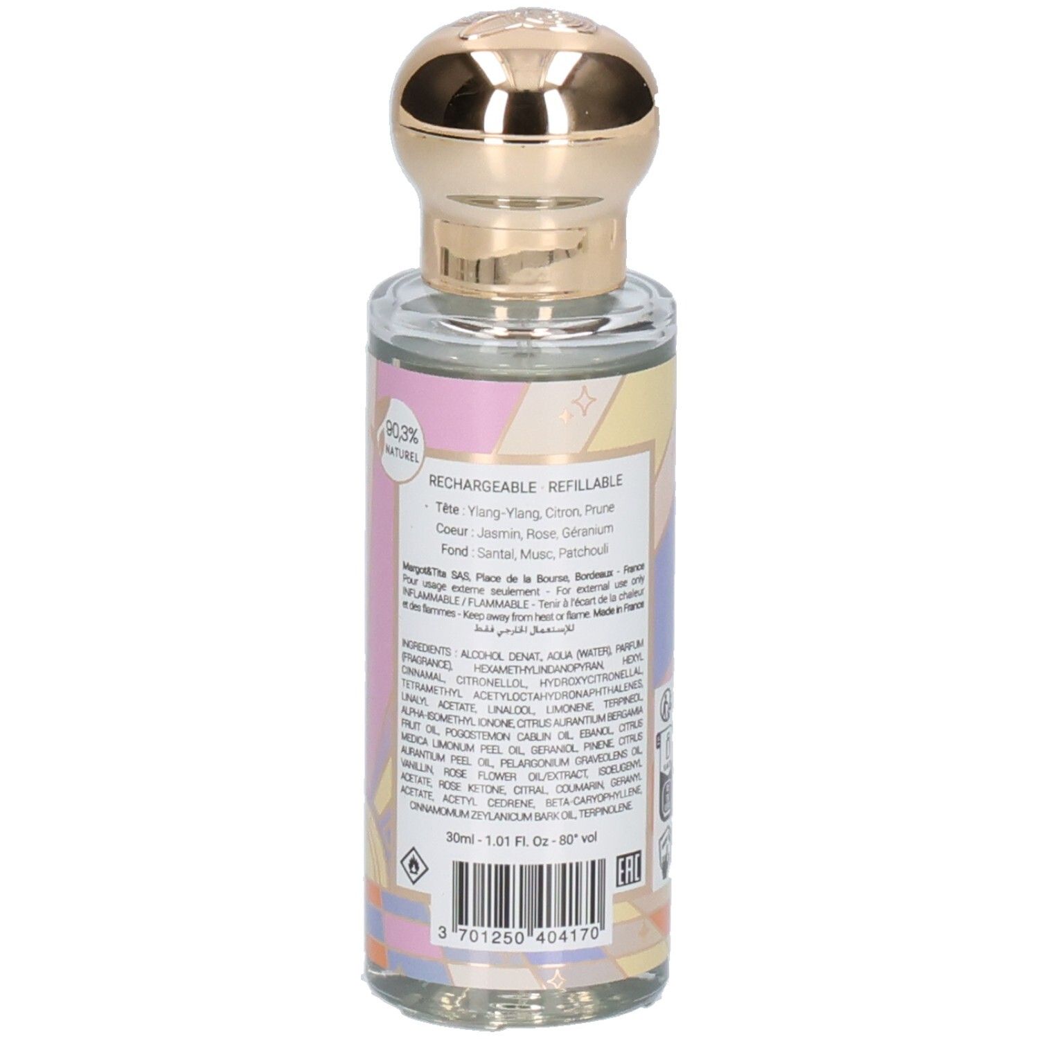 Detailansicht der Rückseite einer Margot & Tita Eau de Parfum Flasche mit Produktinformationen.