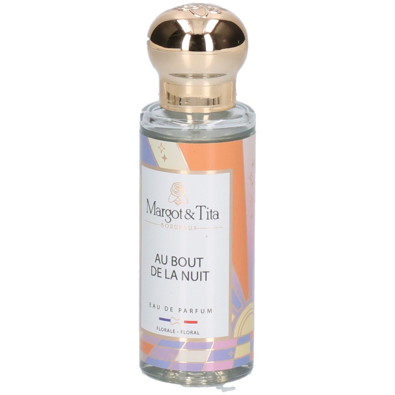 Margot & Tita Eau de Parfum Flasche mit goldenem Verschluss und buntem Etikett.