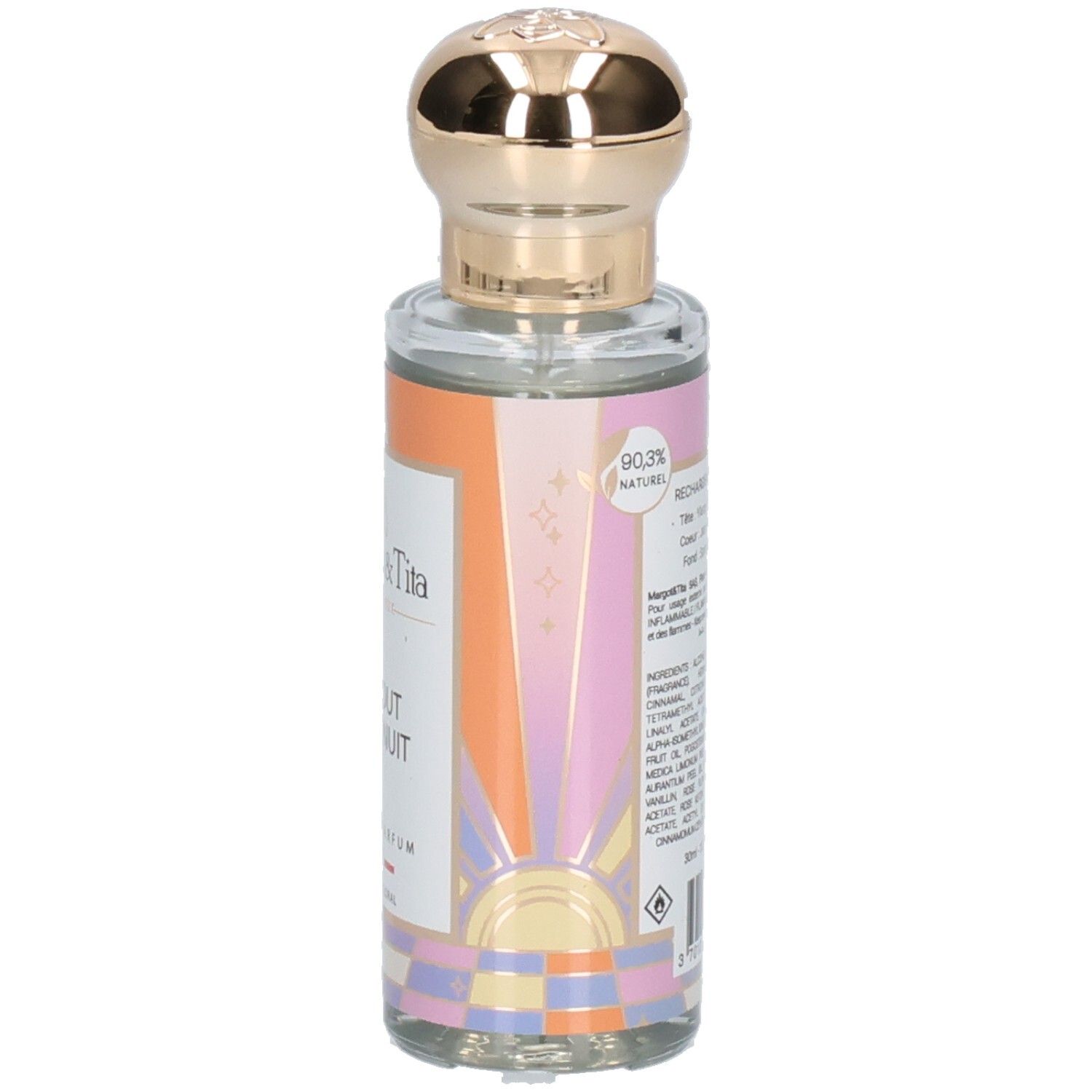 Margot & Tita Eau de Parfum Flasche mit goldenem Verschluss, 90.3% natürlicher Inhalt.