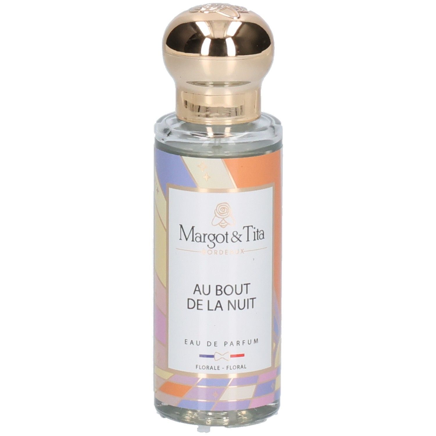Margot & Tita Eau de Parfum Flasche mit goldenem Verschluss und buntem Etikett.
