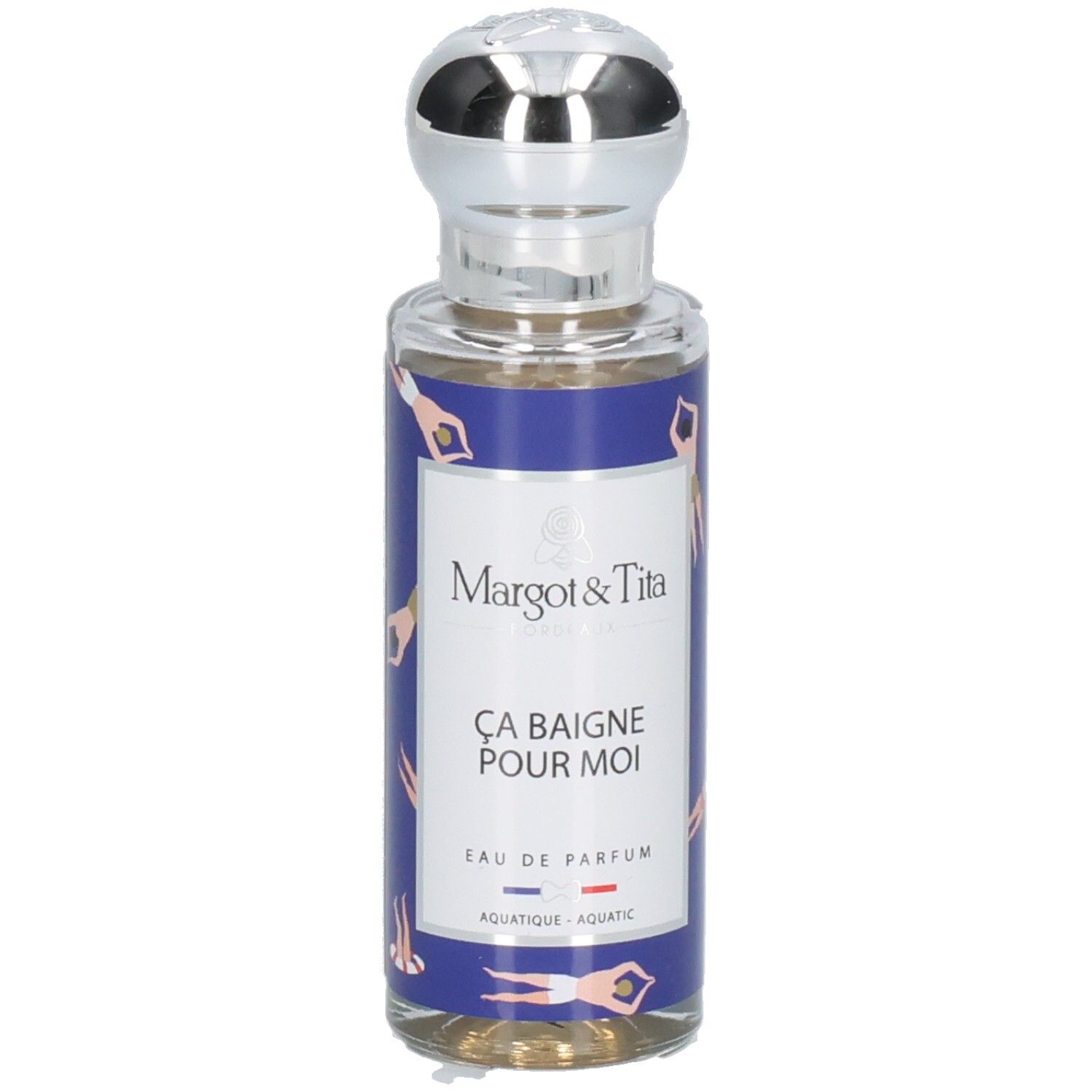 Margot & Tita Parfumflasche mit silbernem Verschluss und blauem Etikett mit Schwimmer-Motiv.