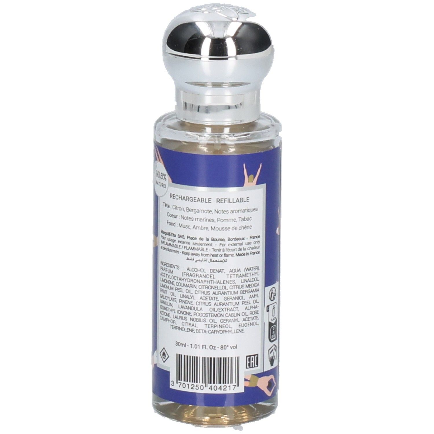 Seitenansicht einer Margot & Tita Parfumflasche mit Nachfüllhinweis und Inhaltsstoffen.