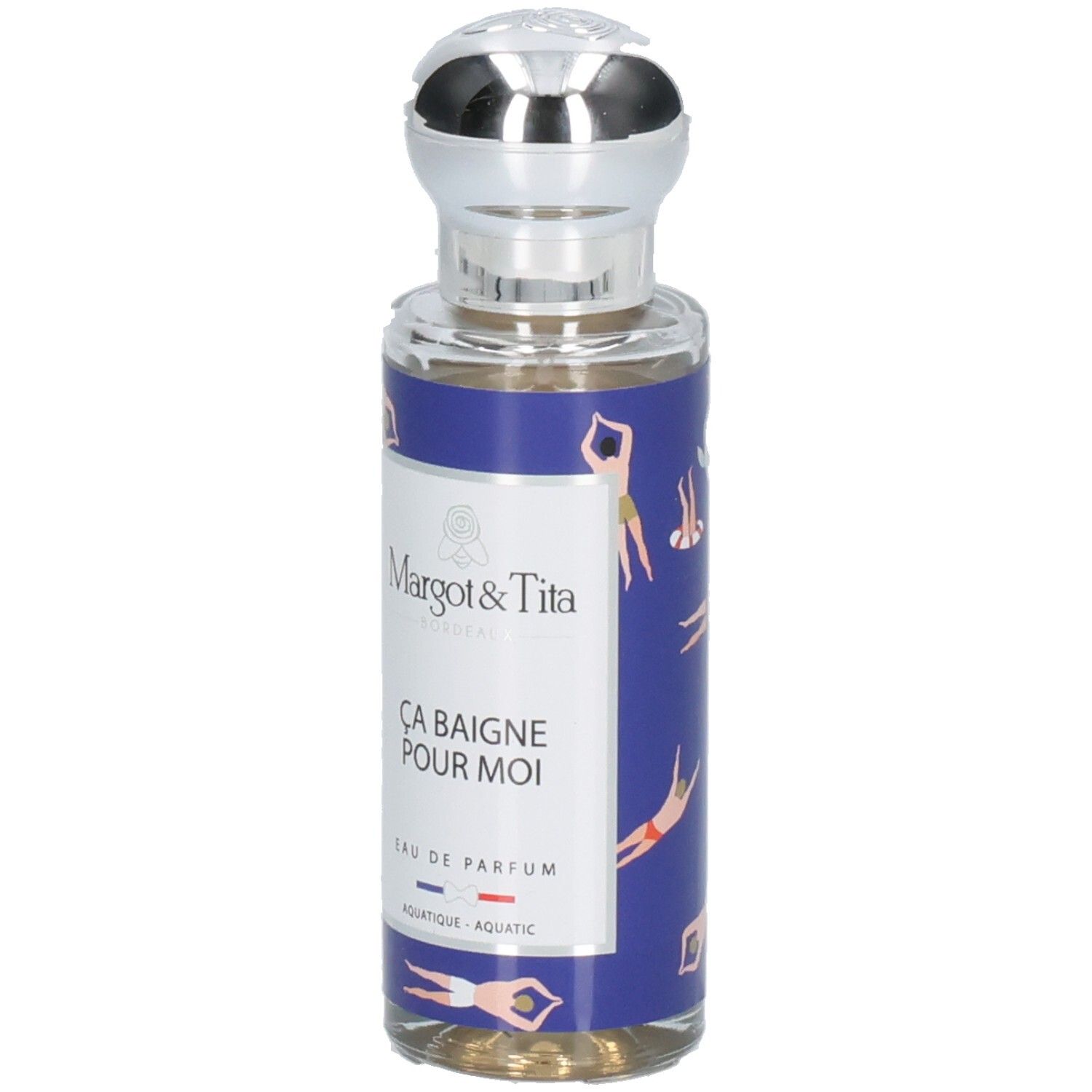 Margot & Tita Parfumflasche mit silbernem Verschluss und blauem Etikett mit Schwimmer-Motiv.
