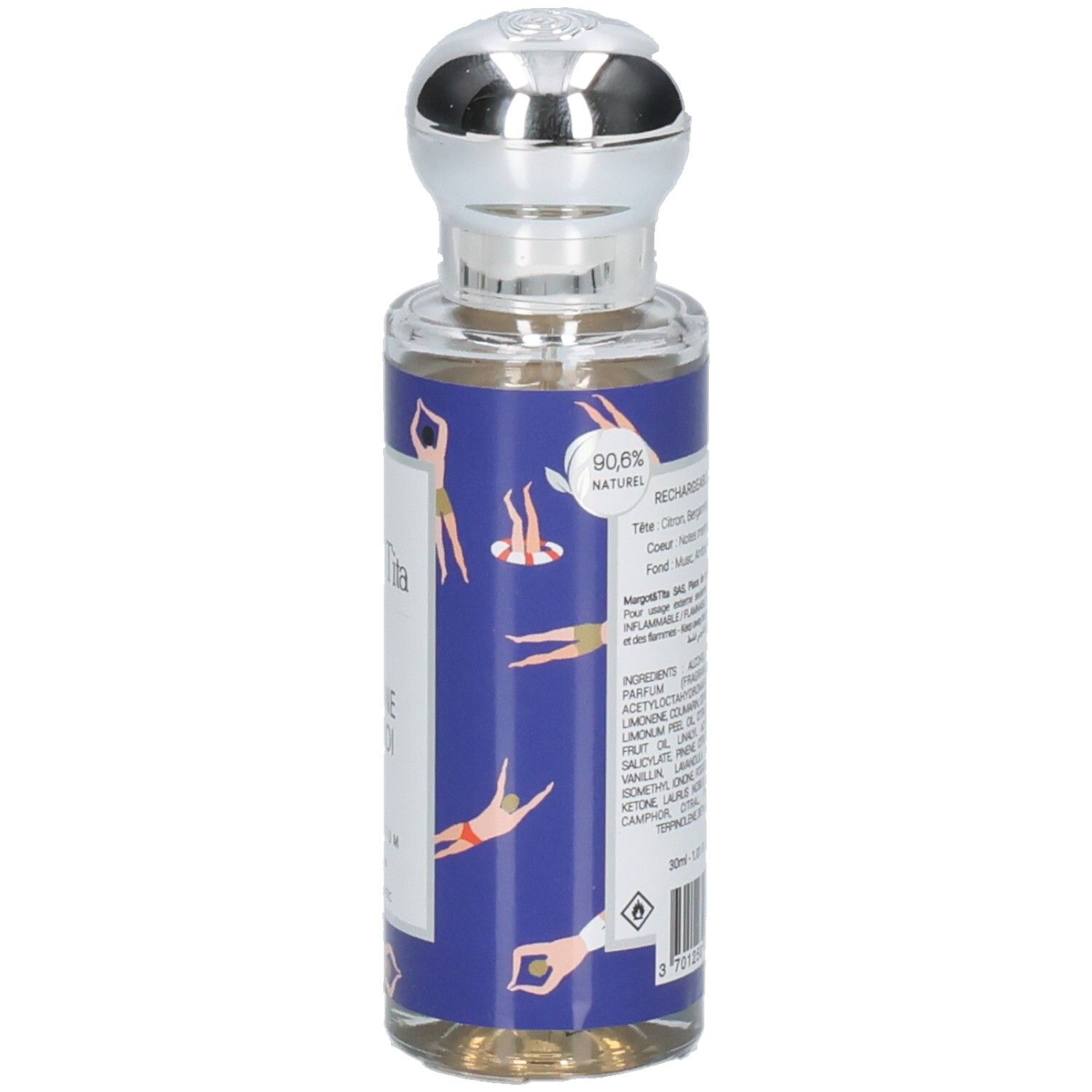 Margot & Tita Parfumflasche mit silbernem Verschluss, Etikett mit Hinweisen zur Natürlichkeit.