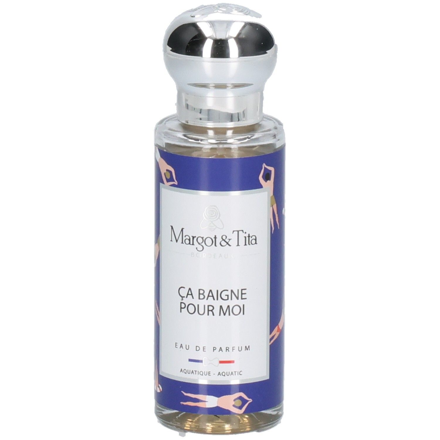 Margot & Tita Parfumflasche mit silbernem Verschluss und blauem Etikett mit Schwimmer-Motiv.