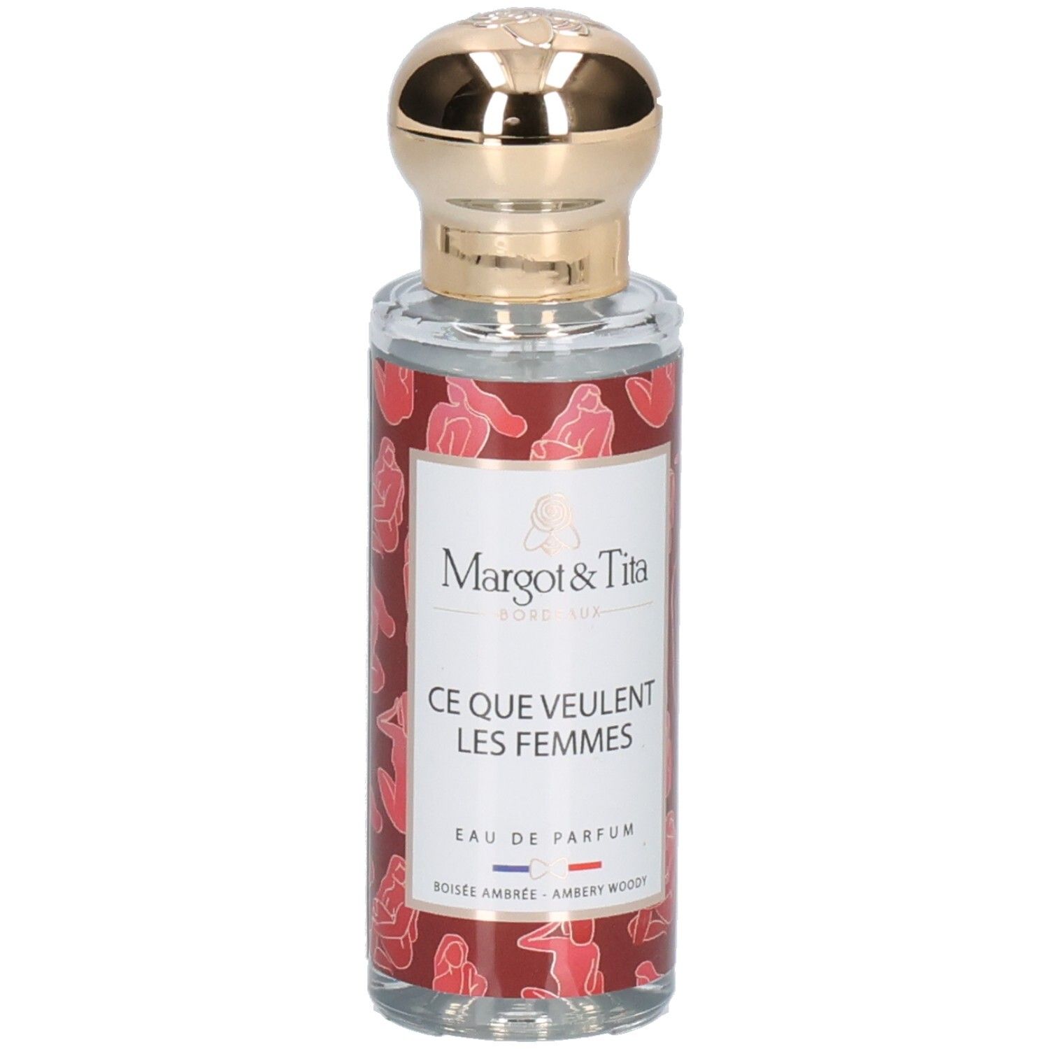 Parfümflasche mit goldfarbenem Deckel. Aufschrift: Margot & Tita, Ce Que Veulent Les Femmes. Roter Hintergrund mit Frauenfiguren.