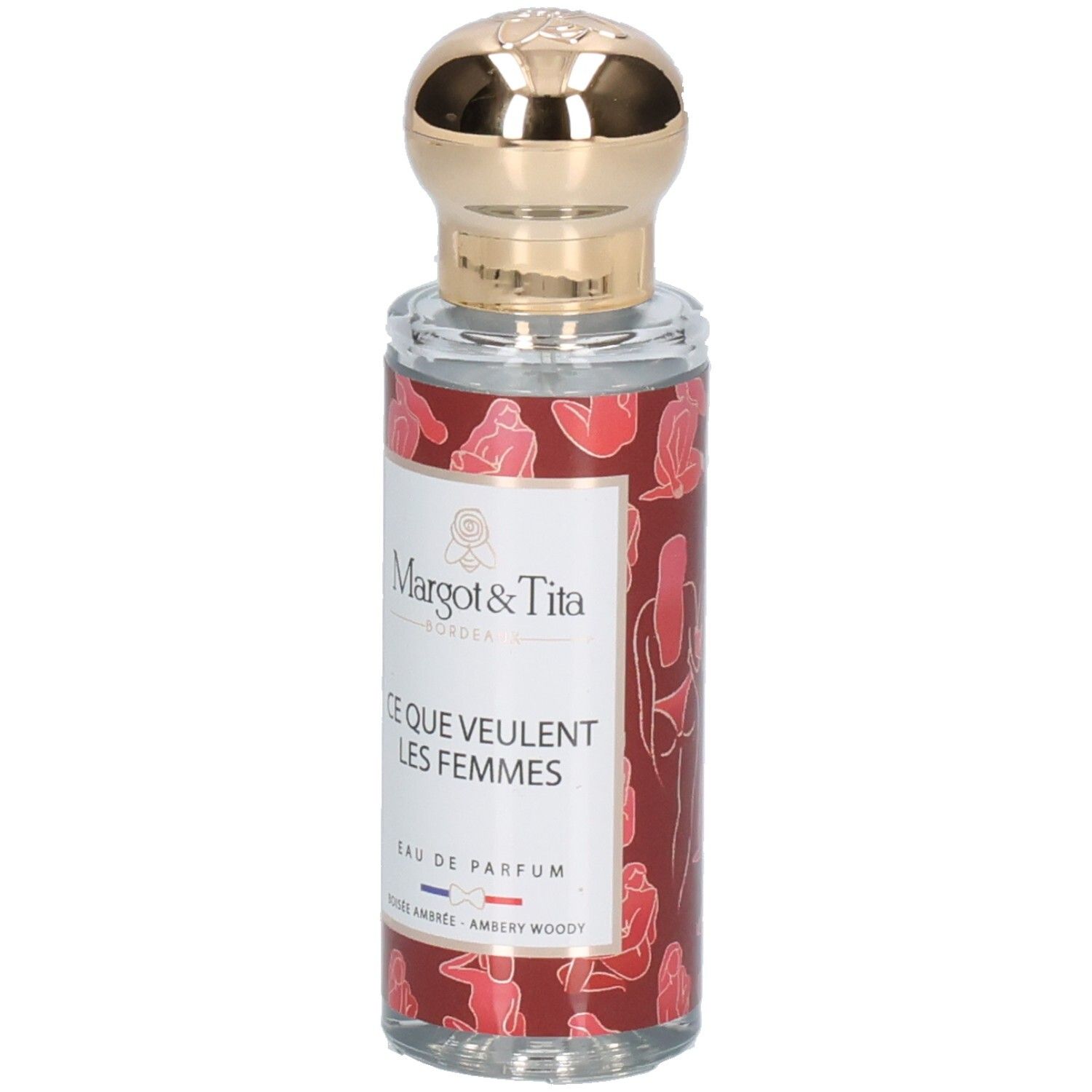 Parfümflasche mit goldfarbenem Deckel. Aufschrift: Margot & Tita, Ce Que Veulent Les Femmes. Roter Hintergrund mit Frauenfiguren.