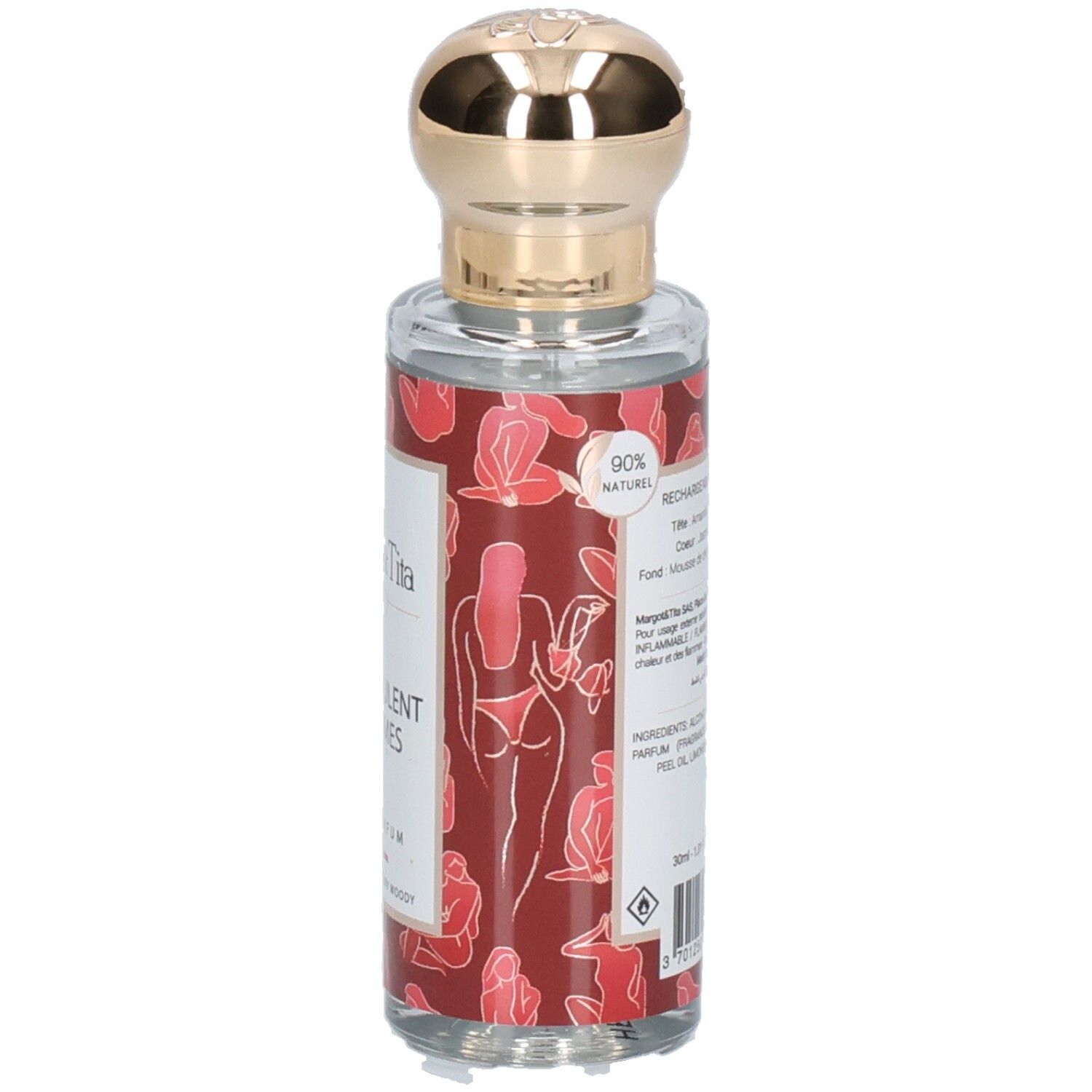 Parfümflasche mit goldfarbenem Deckel. Aufschrift: Margot & Tita, Ce Que Veulent Les Femmes. Roter Hintergrund mit Frauenfiguren.