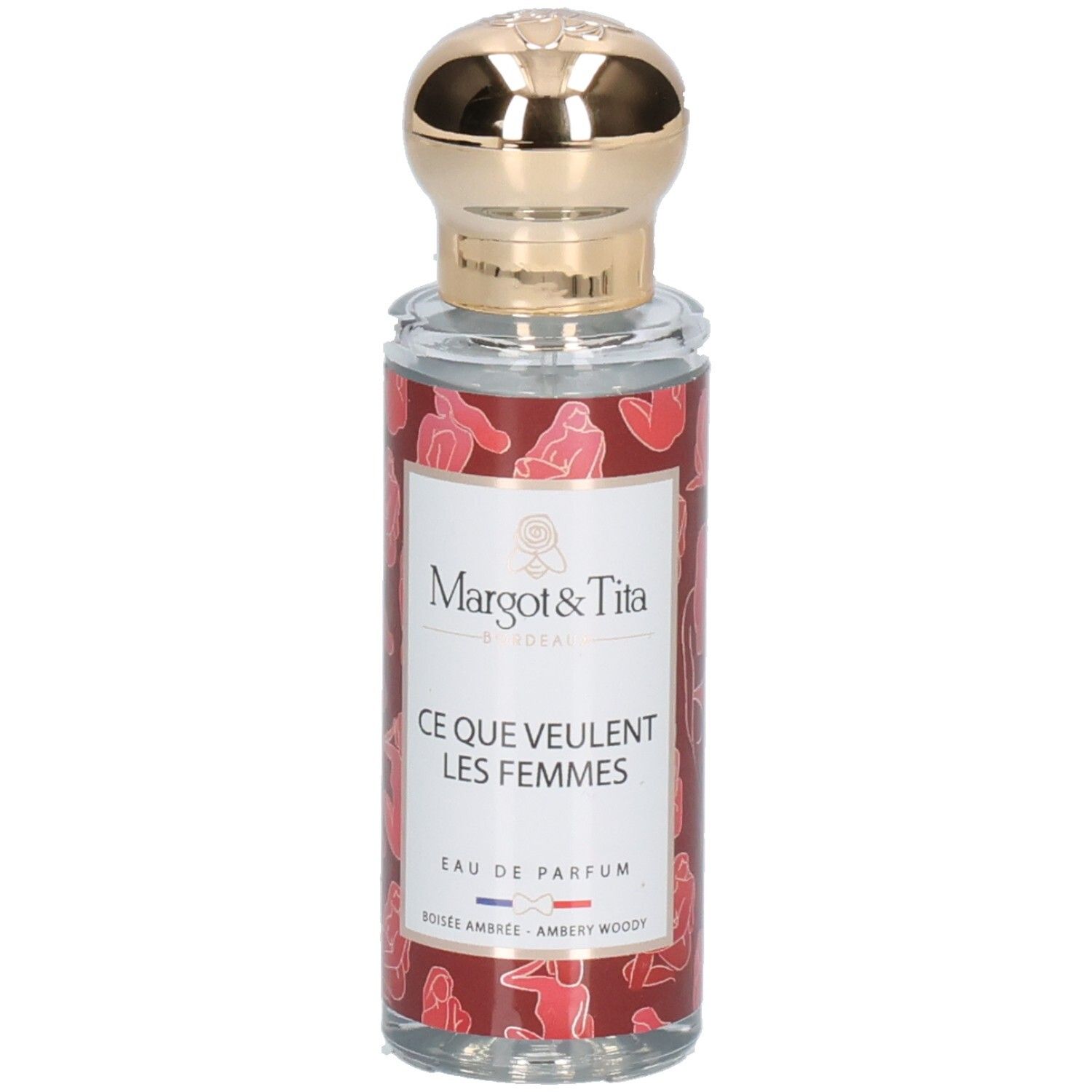 Parfümflasche mit goldfarbenem Deckel. Aufschrift: Margot & Tita, Ce Que Veulent Les Femmes. Roter Hintergrund mit Frauenfiguren.