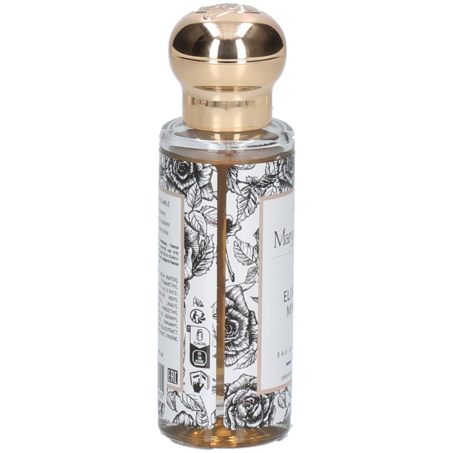 Rückseite der Margot & Tita Elixir de Minuit Eau de Parfum Flasche mit Inhaltsstoffen und Symbolen.