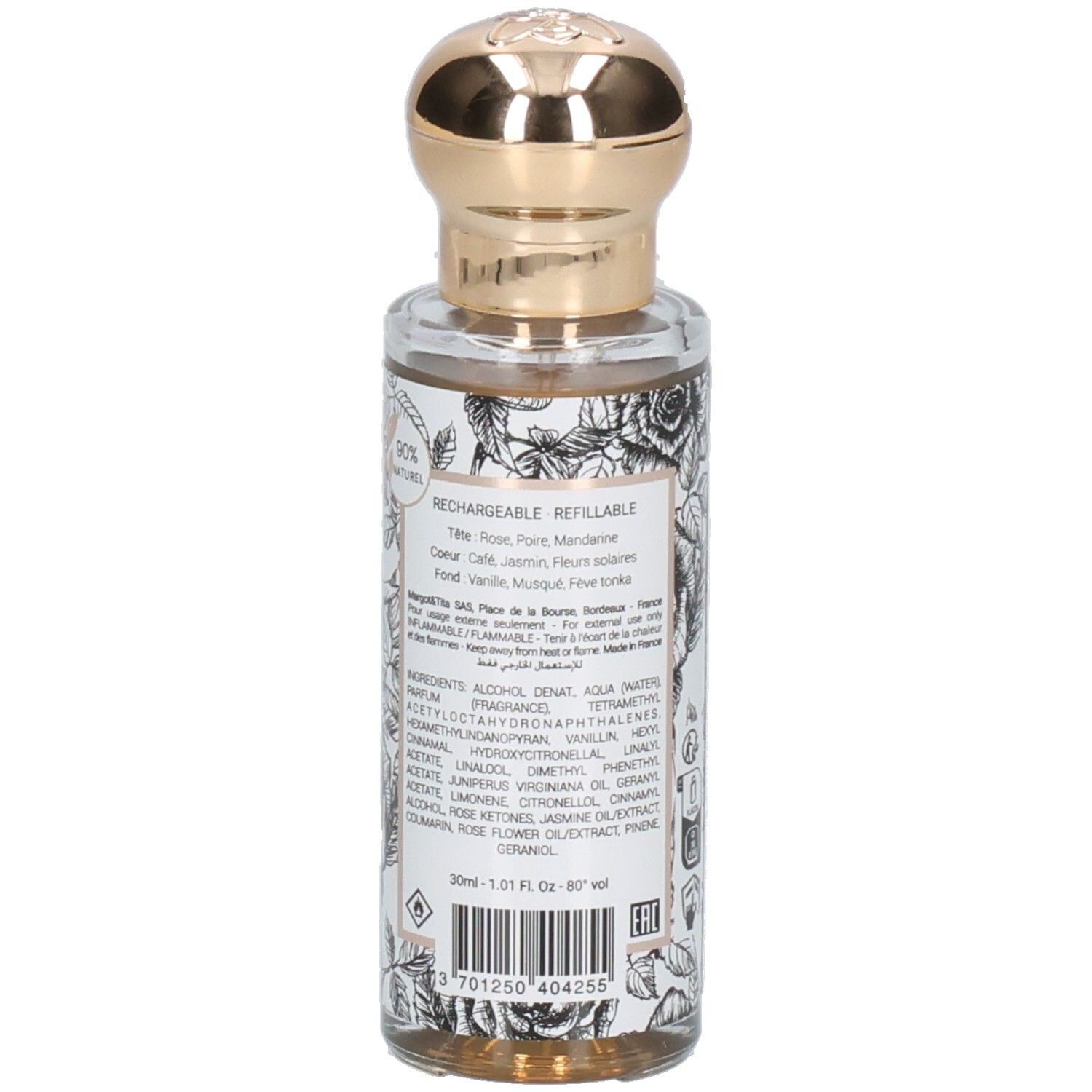 Detailansicht der Margot & Tita Elixir de Minuit Eau de Parfum Flasche mit Inhaltsangaben und Barcode.