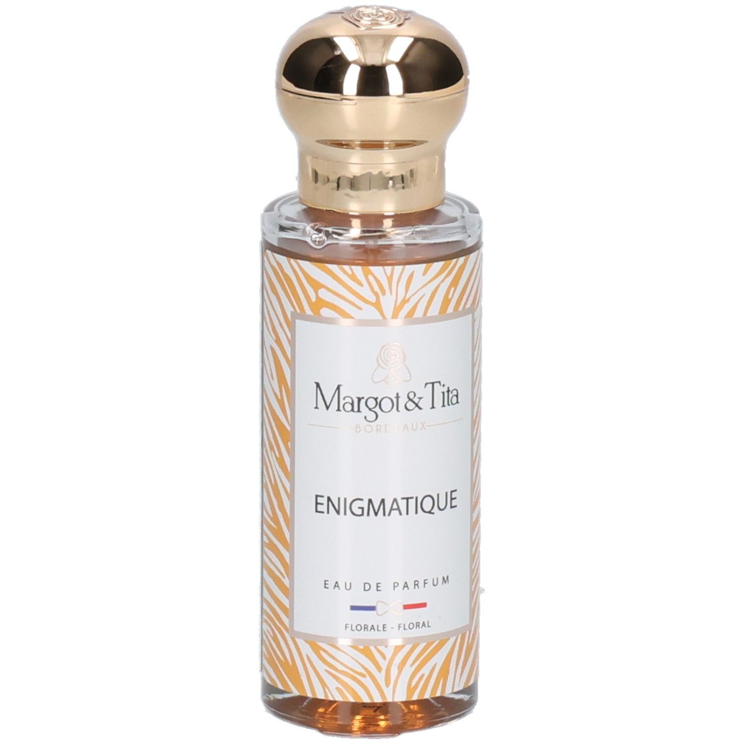 Margot & Tita Énigmatique Eau de Parfum in Glasflasche mit goldenem Verschluss und Tiermotiv.