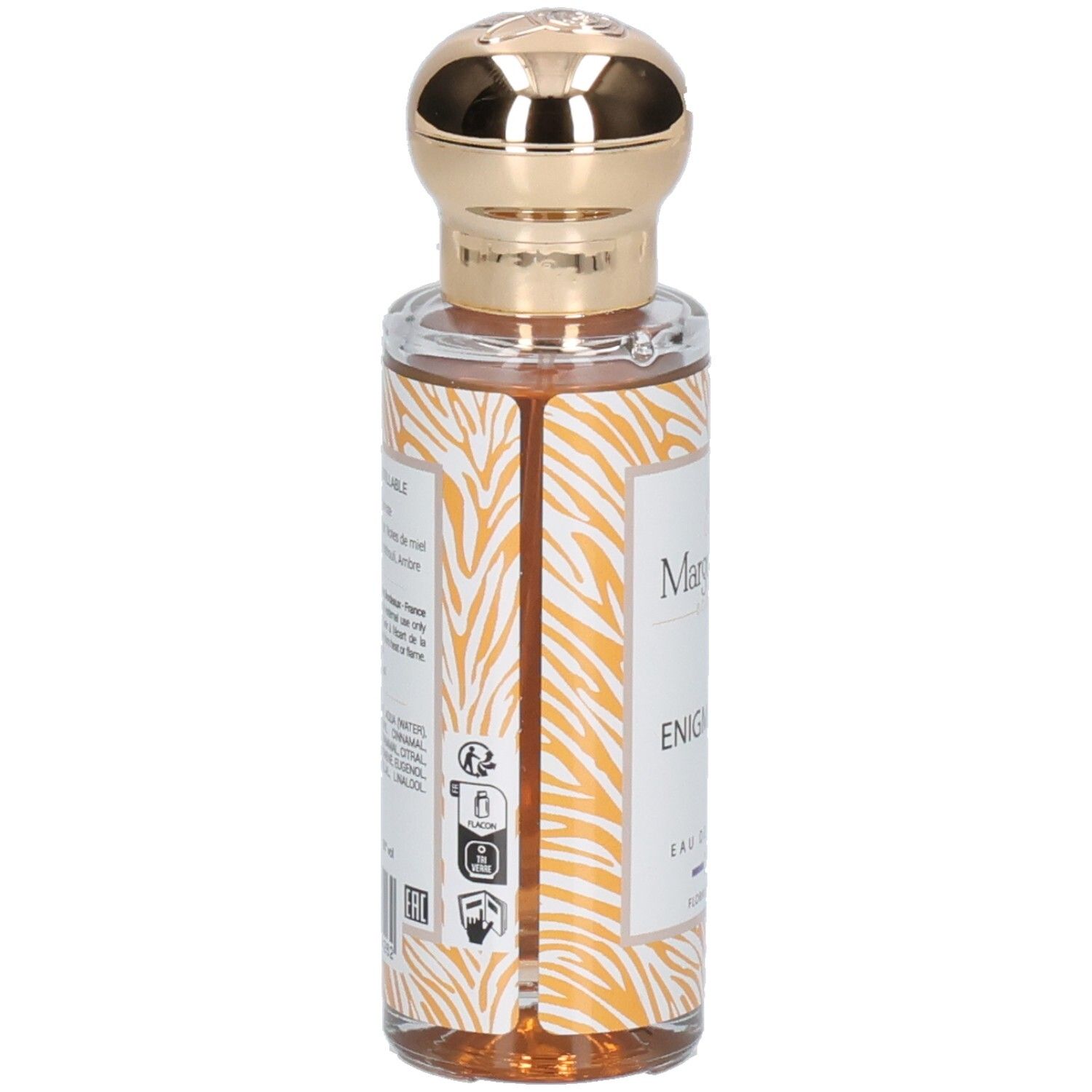 Seitenansicht der Margot & Tita Énigmatique Eau de Parfum Flasche mit Etikett und Tiermotiv.