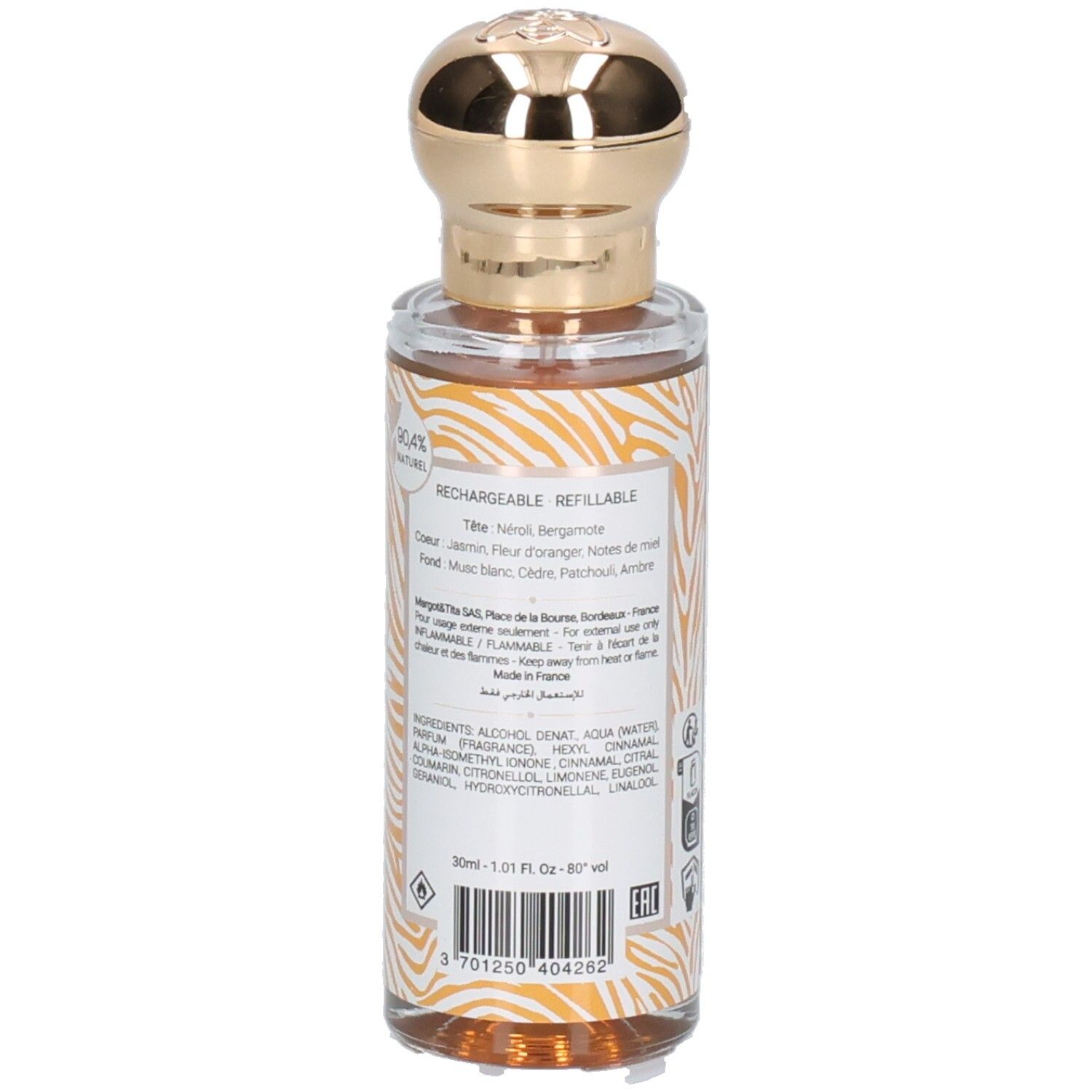Rückseite der Margot & Tita Énigmatique Eau de Parfum Flasche mit Inhaltsstoffen und 30ml Angabe.