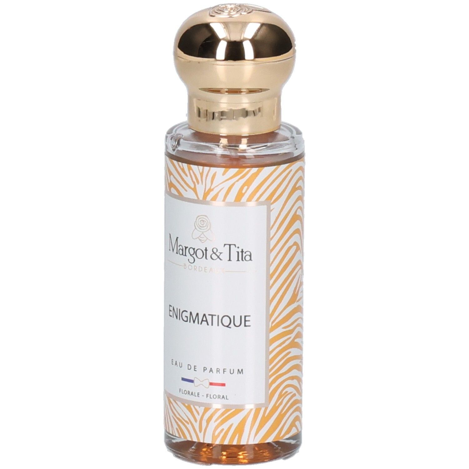 Margot & Tita Énigmatique Eau de Parfum, Glasflasche mit goldenem Verschluss und Tiermotiv.