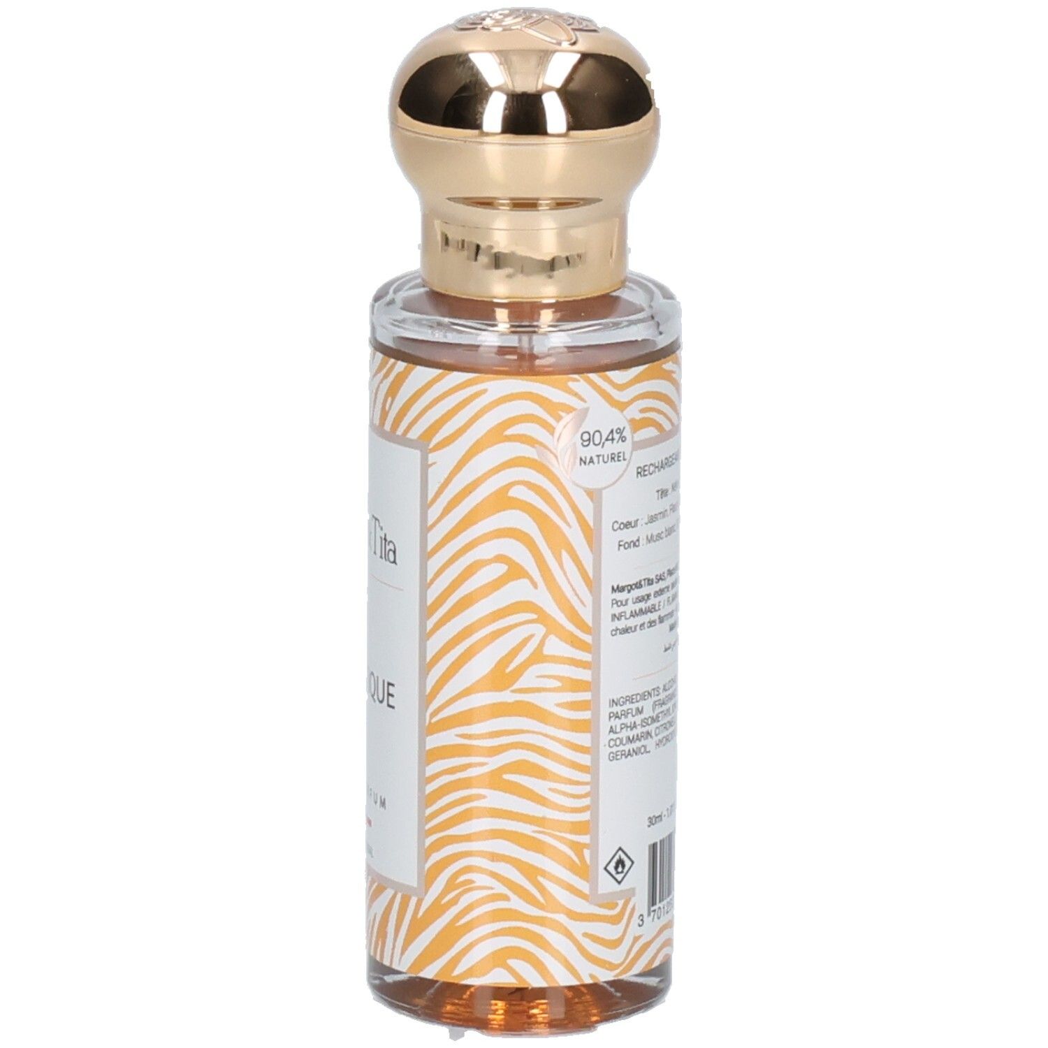 Margot & Tita Énigmatique Eau de Parfum, Flasche mit Hinweis auf 90.4% natürliche Inhaltsstoffe.