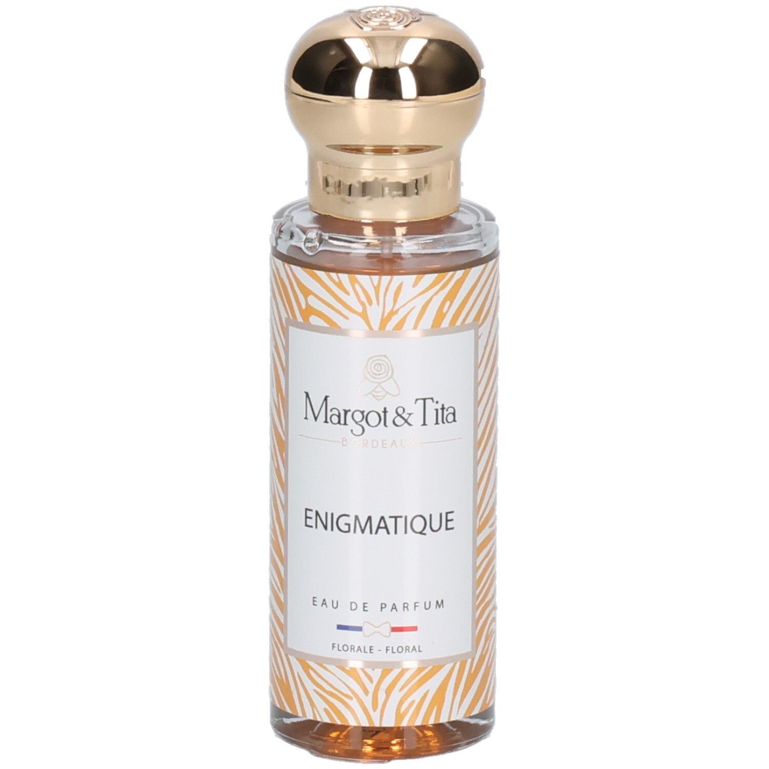 Margot & Tita Énigmatique Eau de Parfum, Glasflasche mit goldenem Verschluss und Tiermotiv.