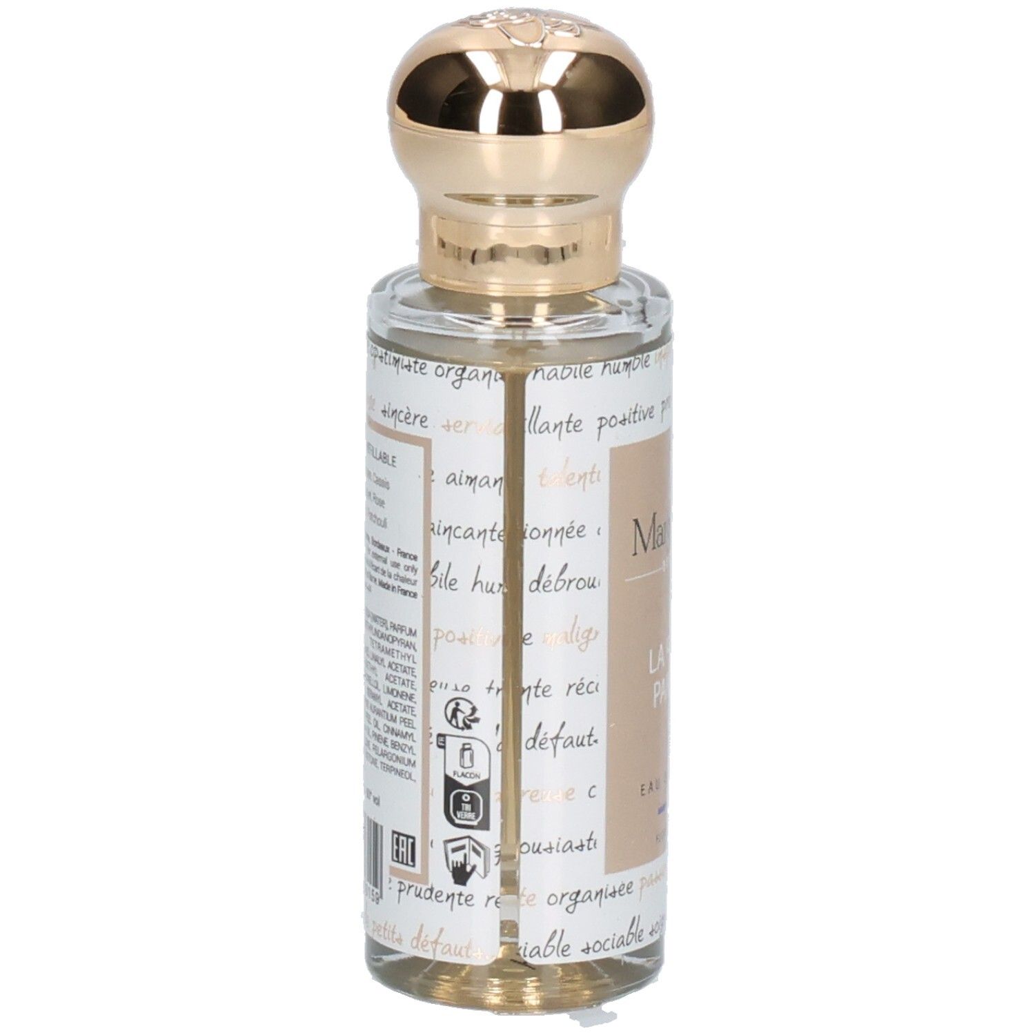 Rückseite der Margot & Tita La Femme Parfaite Eau de Parfum 30ml Flasche mit Inhaltsstoffen.