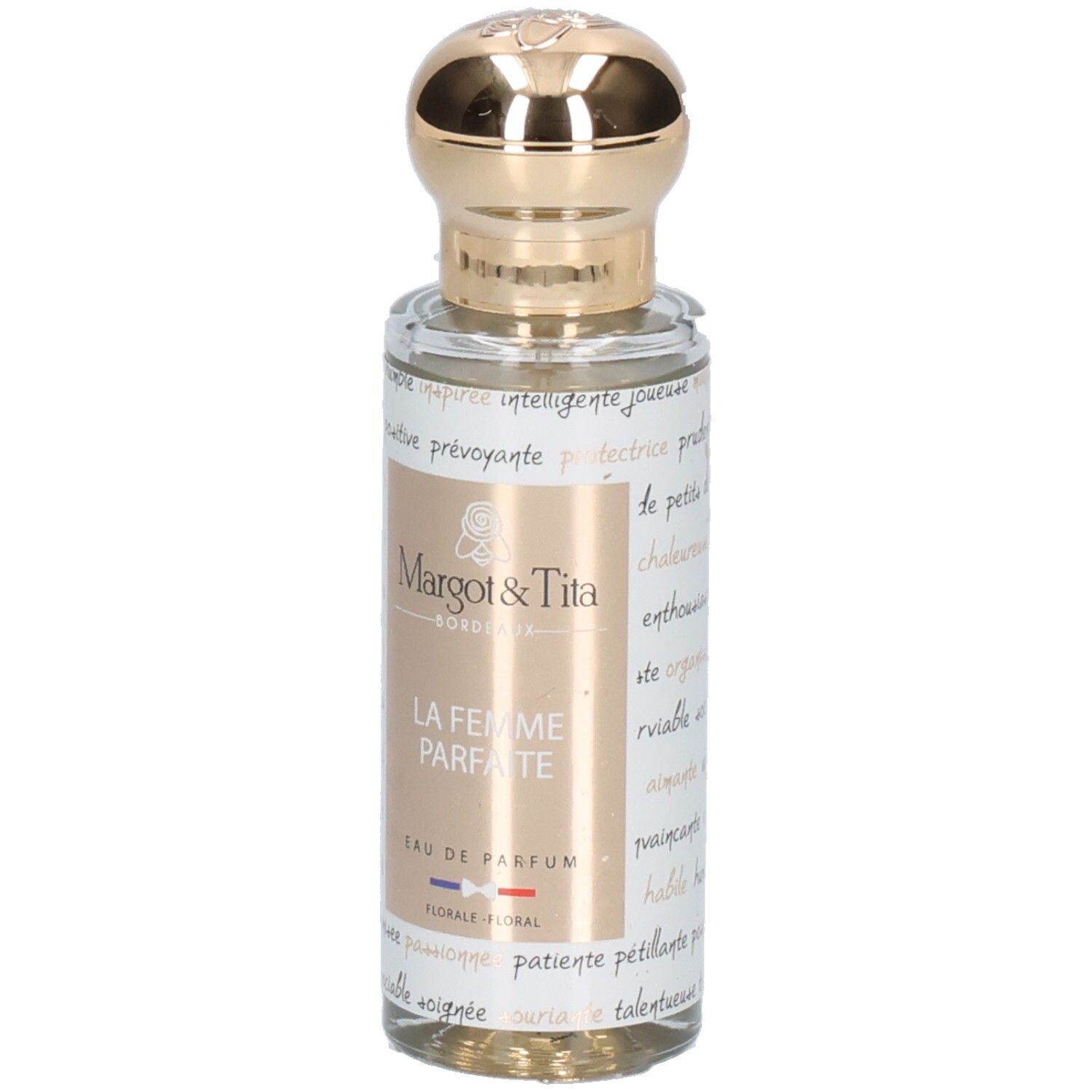 Margot & Tita La Femme Parfaite Eau de Parfum 30ml Flasche, Vorderansicht mit goldenem Verschluss.