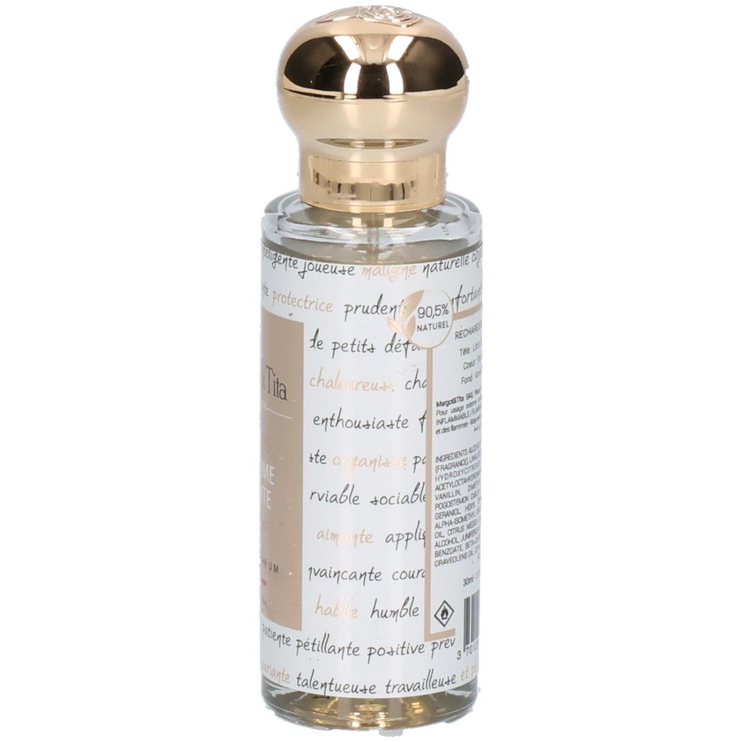 Seitenansicht der Margot & Tita La Femme Parfaite Eau de Parfum 30ml Flasche mit Etikett.