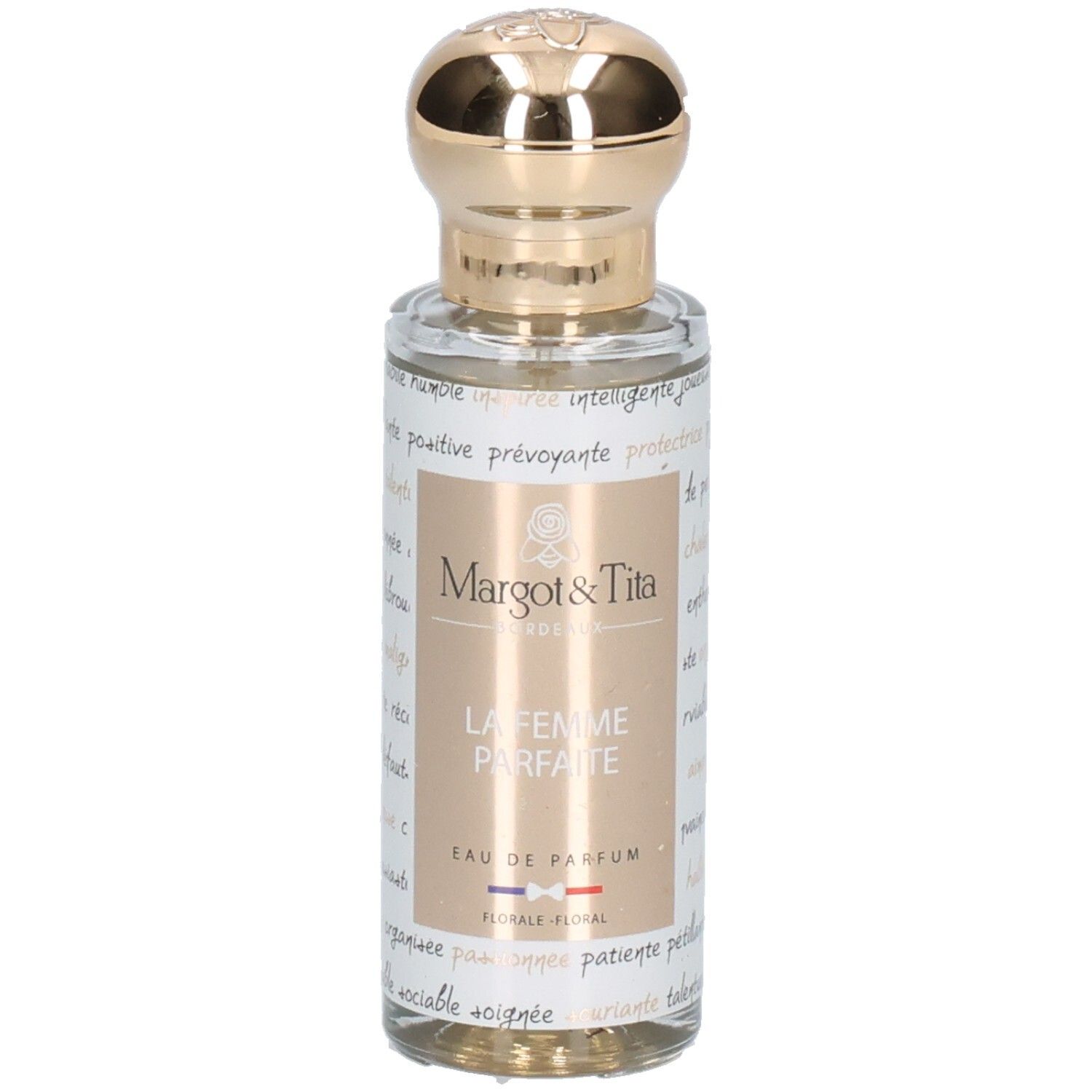 Margot & Tita La Femme Parfaite Eau de Parfum 30ml Flasche, Frontalansicht mit goldenem Verschluss.